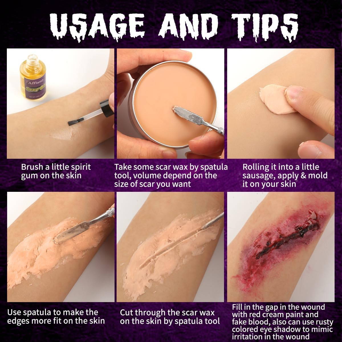 La Catrina 3 Pcs Scar Wax Makeup Kit, Scar Wax + Spatula Tool + Spirit Gum, Halloween Professional Stage Theatrical Theater Zombie Vampire Wound Scary Special Effects Face Body Cosplay Makeup image number 5