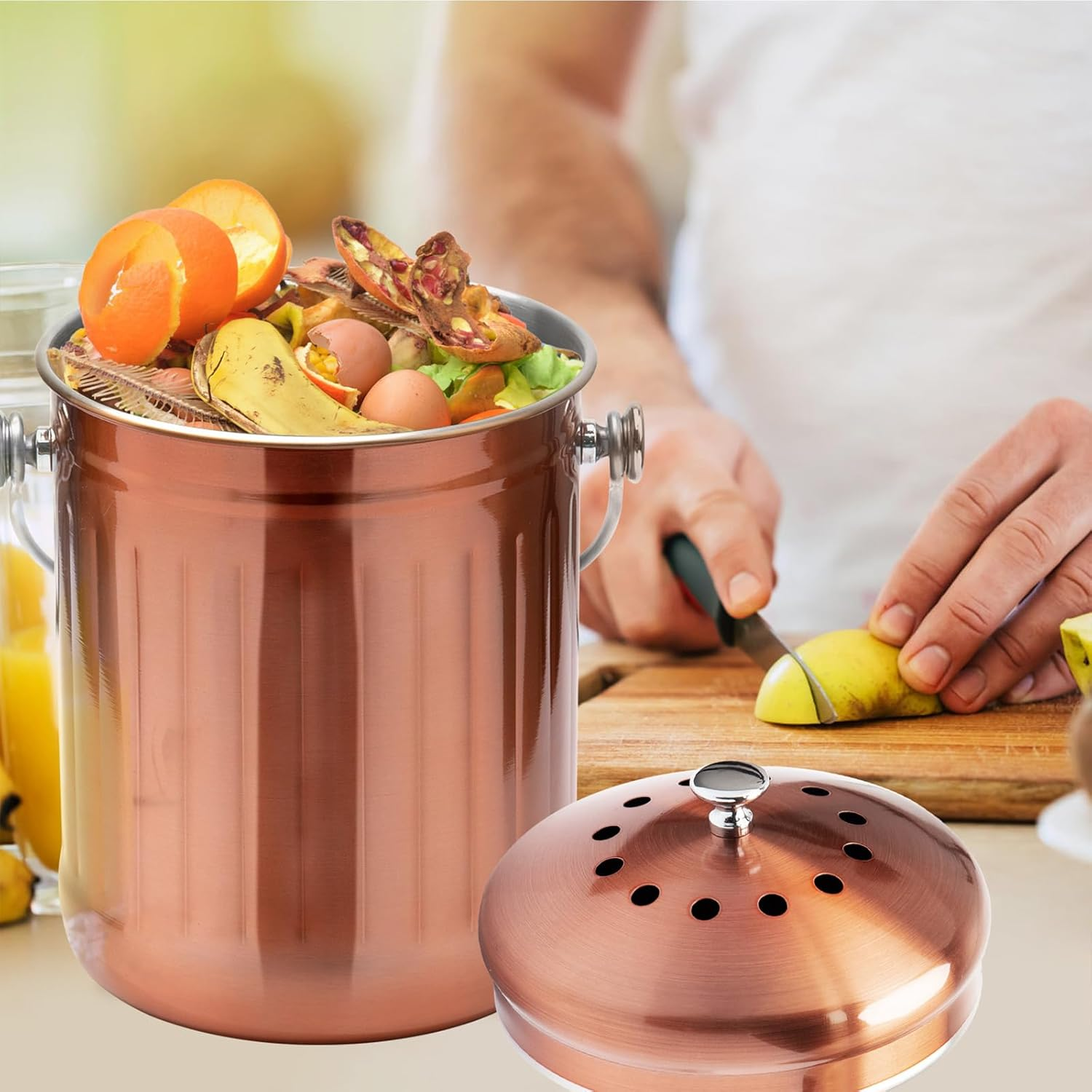 ENLOY Compost Bin for Kitchen Countertop, 1.3 Gallon Matte Copper Stainless Steel Compost Bucket with Lid, Odorless Food Waste Bucket with 2 Charcoal Filters, Indoor Compost Pail with SOFT-GRIP Handle image number 4
