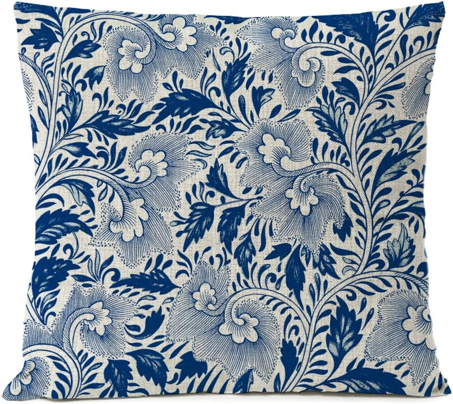 FUNHOM Blue Flowers Pillow Covers 18X18 Set of 4 Leaf Floral Linen Pillow Cover Home Decorative Sofa Leaves Vintage Pillow Cases Cushion Cover