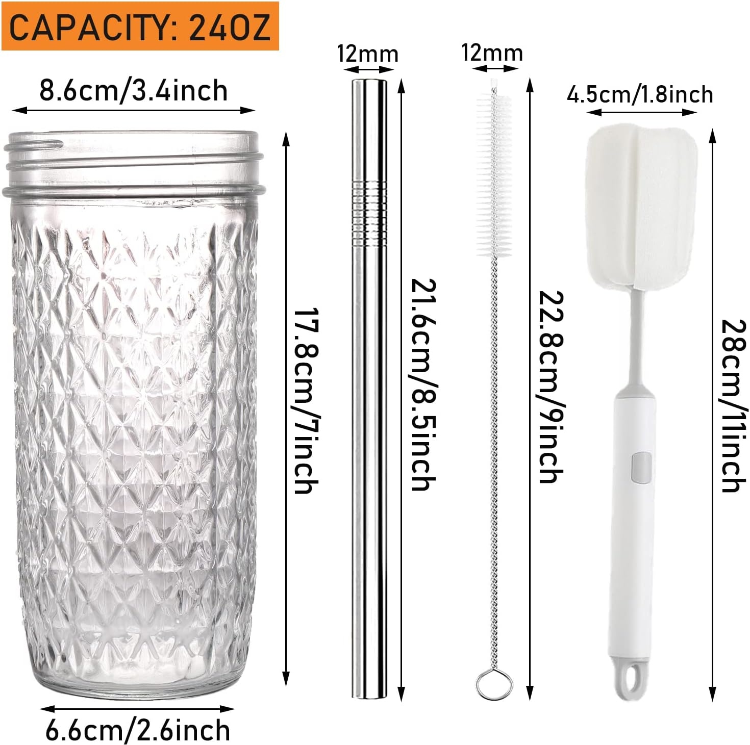 Boba Cup, Reusable Bubble Tea Cup, Glass Cups Set, 2 PCS Mason Jar Cups with Bamboo Lids and Straws & 2 Airtight Lids, 24 Oz Diamond Texture Wide Mouth Iced Coffee Glass Tumblers, Smoothie Cups