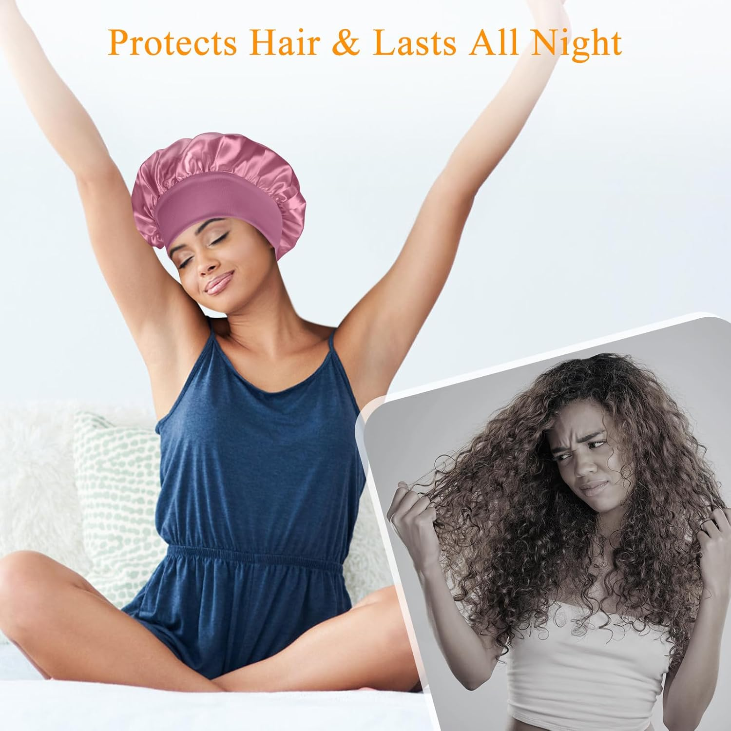 Silk Hair Bonnet Sleeping Bonnet Hair Wrap Wide Elastic Band Satin Cap for Women Men Elastic Soft Cap Headwear - Pink image number 3