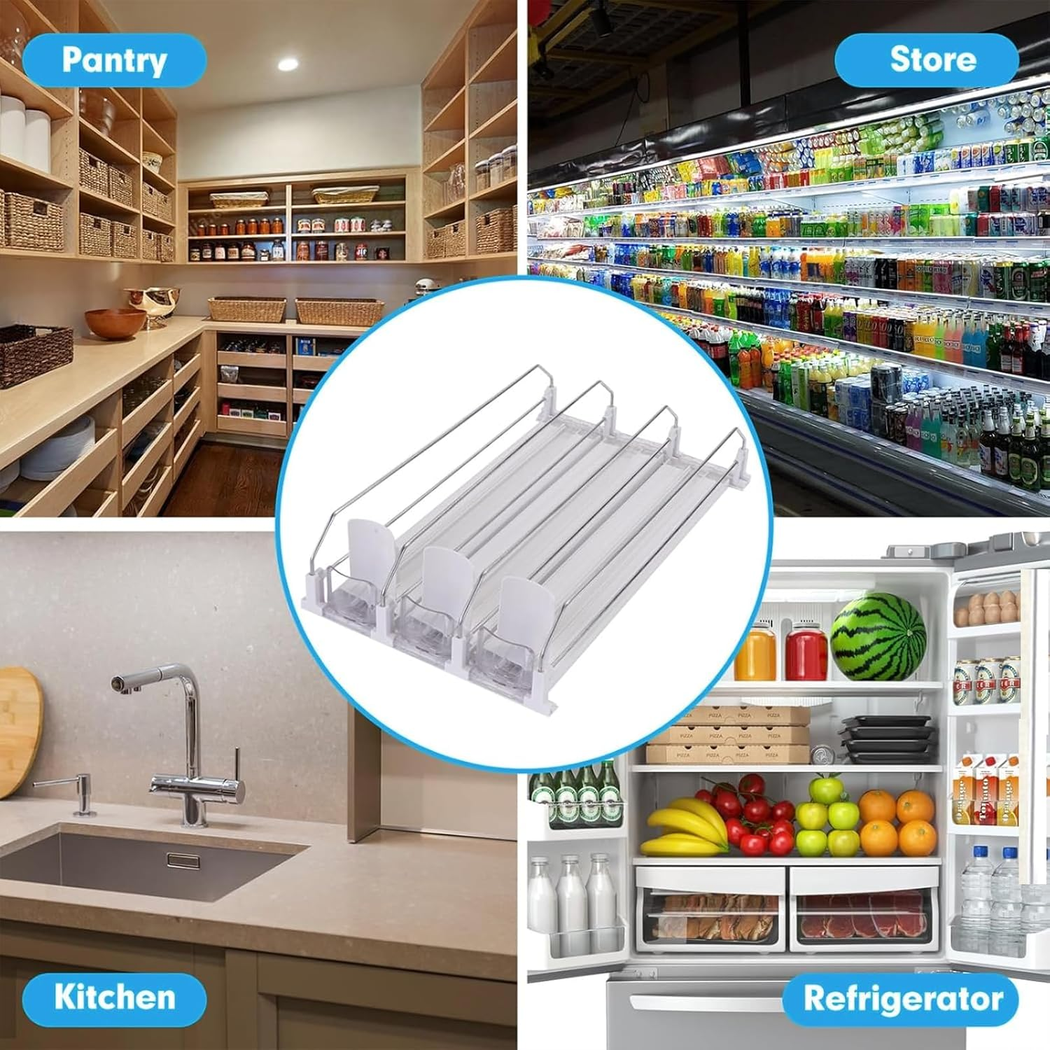 4PCS Generic Fridge Organiser, Can Dispenser Fridge, Width-Adjustable Beverage Pusher Glide, Holds up to 20 Cans, Automatic Replenishment for Beer, Soda, Seltzer Pop Ideal for Fridge, Kitchen & Pantry image number 2