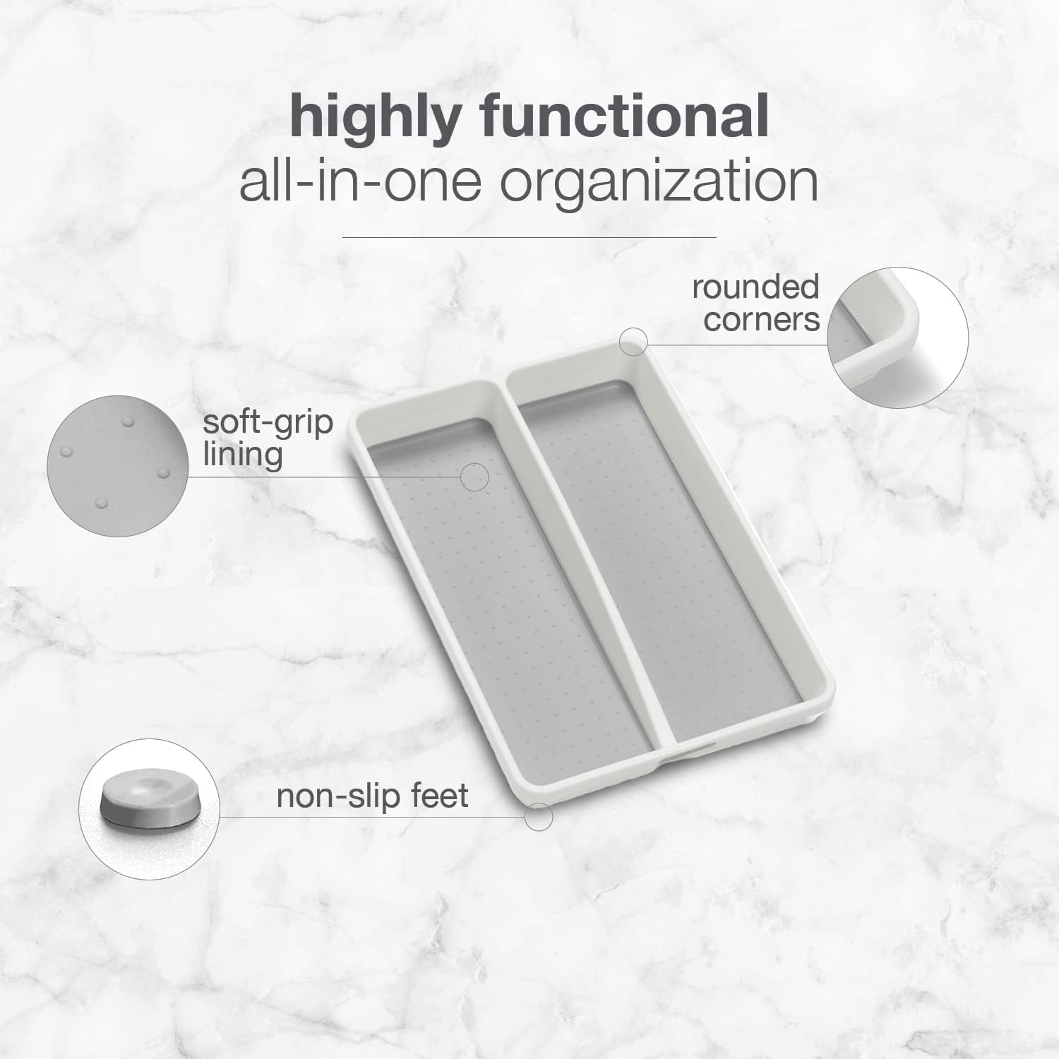 Madesmart Premium Antimicrobial Classic Mini Utensil Tray, Soft Grip, Non-Slip Kitchen Drawer Organizer, 2 Compartments, Multi-Purpose Home Organization, EPA Certified, White