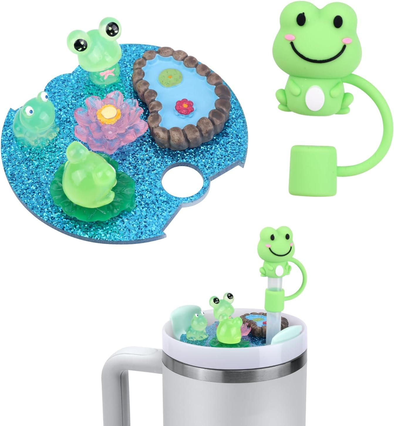 NQEUEPN Luminous Frog Pond Cup Lid Charms for Stanley Bottle 30Oz, with Cute Frog Silicone Straw Cover Cap Glow-In-The-Dark Name Plate DIY Tumbler Lid Topper for Stanley Cup Charms Accessories image number 6