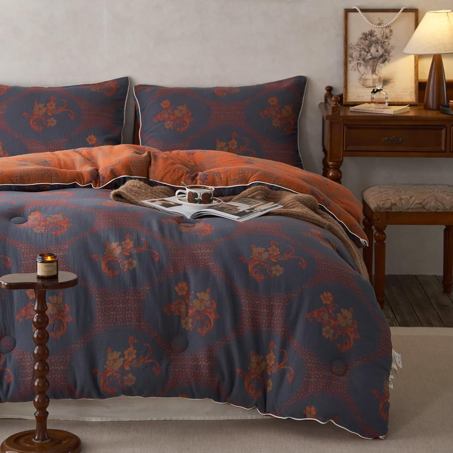 Mixinni Vintage Floral Comforter Set King Size, All Seasons Muslin Cotton Bedding Set, 3 Pieces Farmhouse Shabby Chic Jacquard Floral Comforter Set Perfect for Women and Men-Grayish Blue/Pumpkin