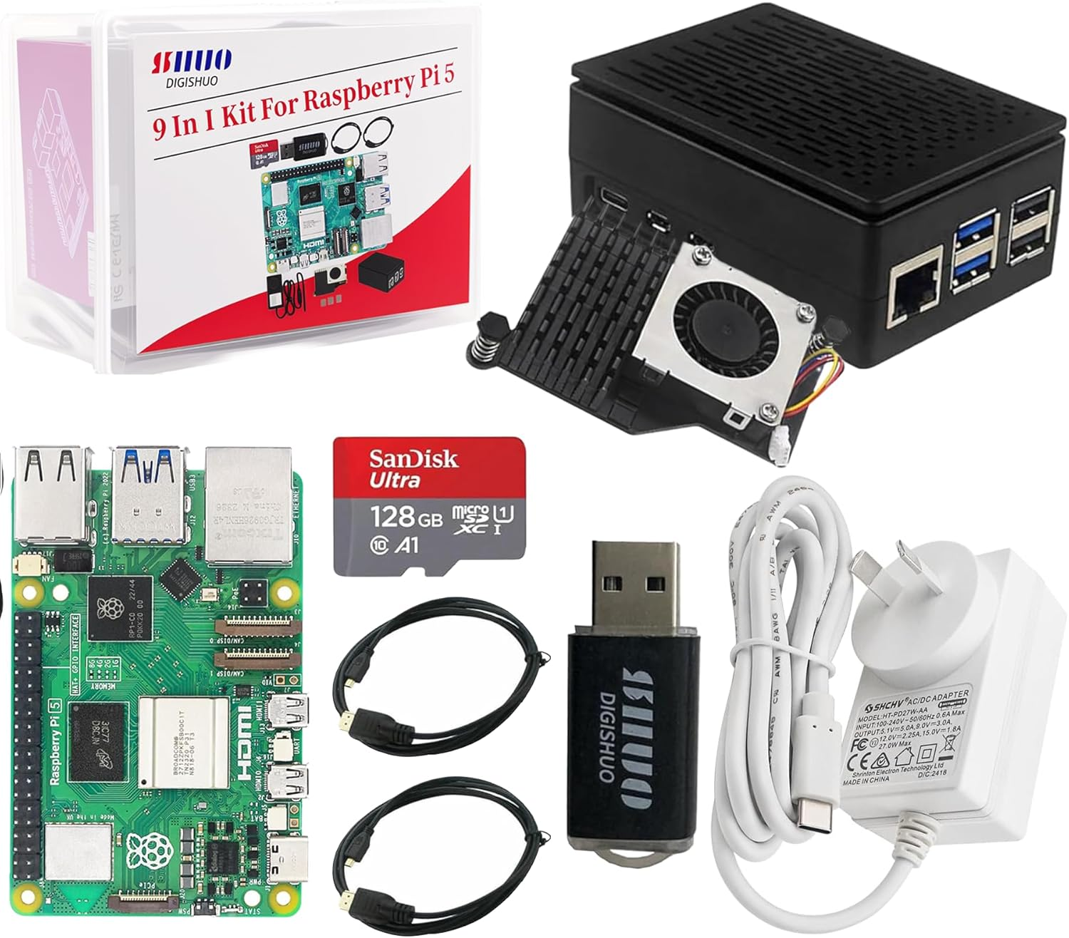 Raspberry Pi 5B Type B 4GB RAM DIY 9-In-1 Kit | 5.1V 5A Power Supply | 2X Micro HDMI Cable | San Disk 128G SD Card Micro SD | Pi 5 Active Cooler | Balck Protective Case (5B 4G 9 in 1 Kit)