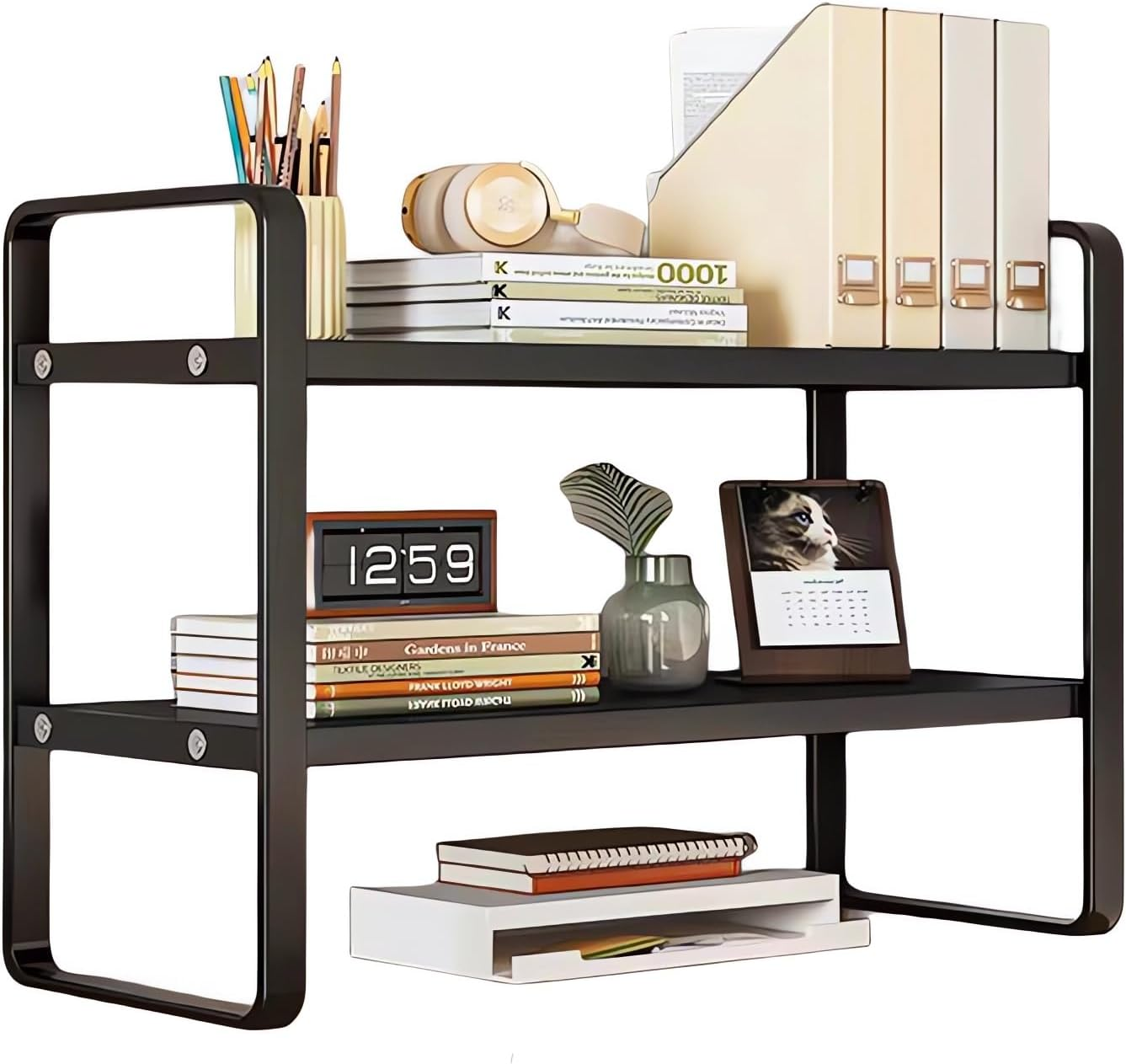 Desktop Organizer, Office Desk Storage Shelf, Desktop Bookcase Wood Bookshelf (Black + Wood)