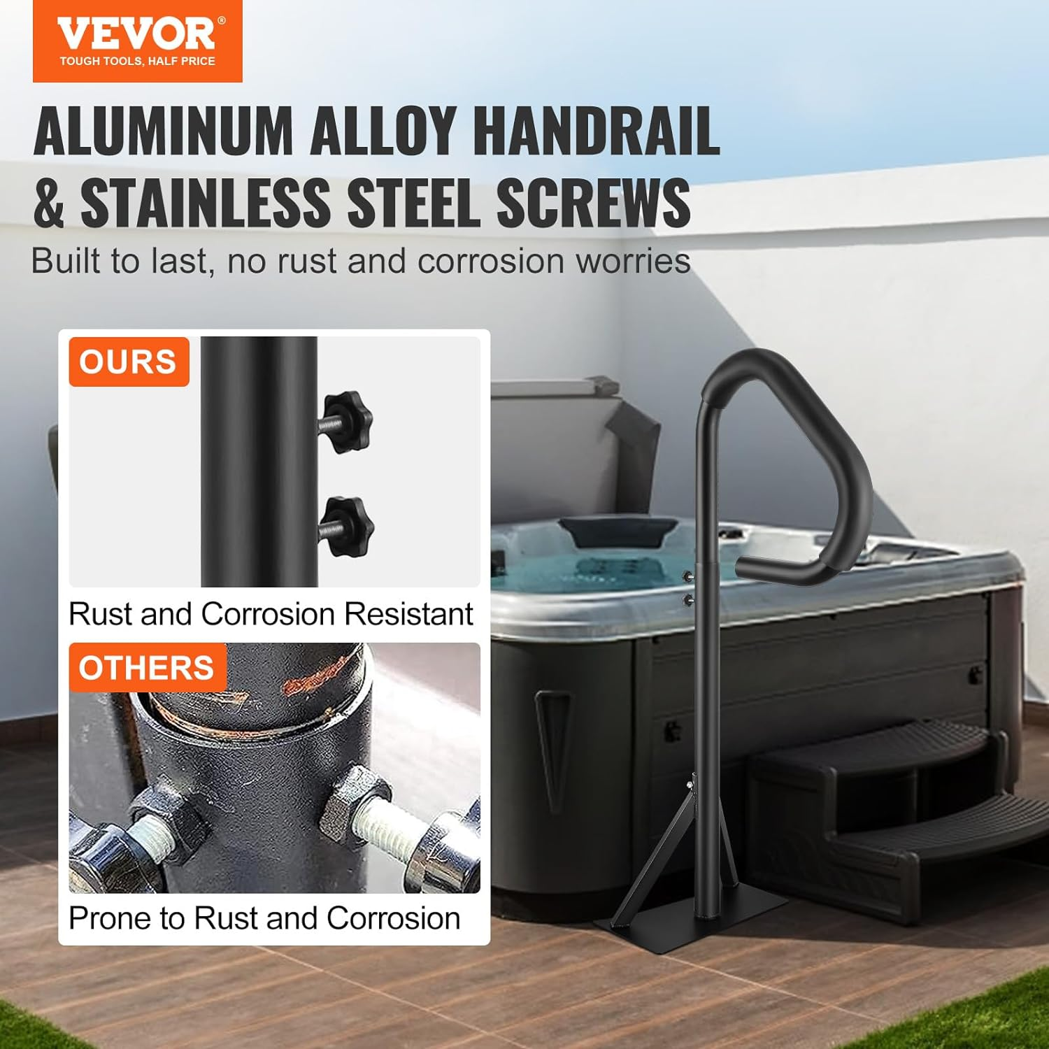 VEVOR Hot Tub Handrail, 360 Rotatable Spa Side Handrail with 35"-57" Adjustable Height, Rust-Proof Aluminum Spa Step Hot Tub Hand Rail with Slide-Under Mount Base for Indoor & Outdoor, 600LBS Capacity image number 3