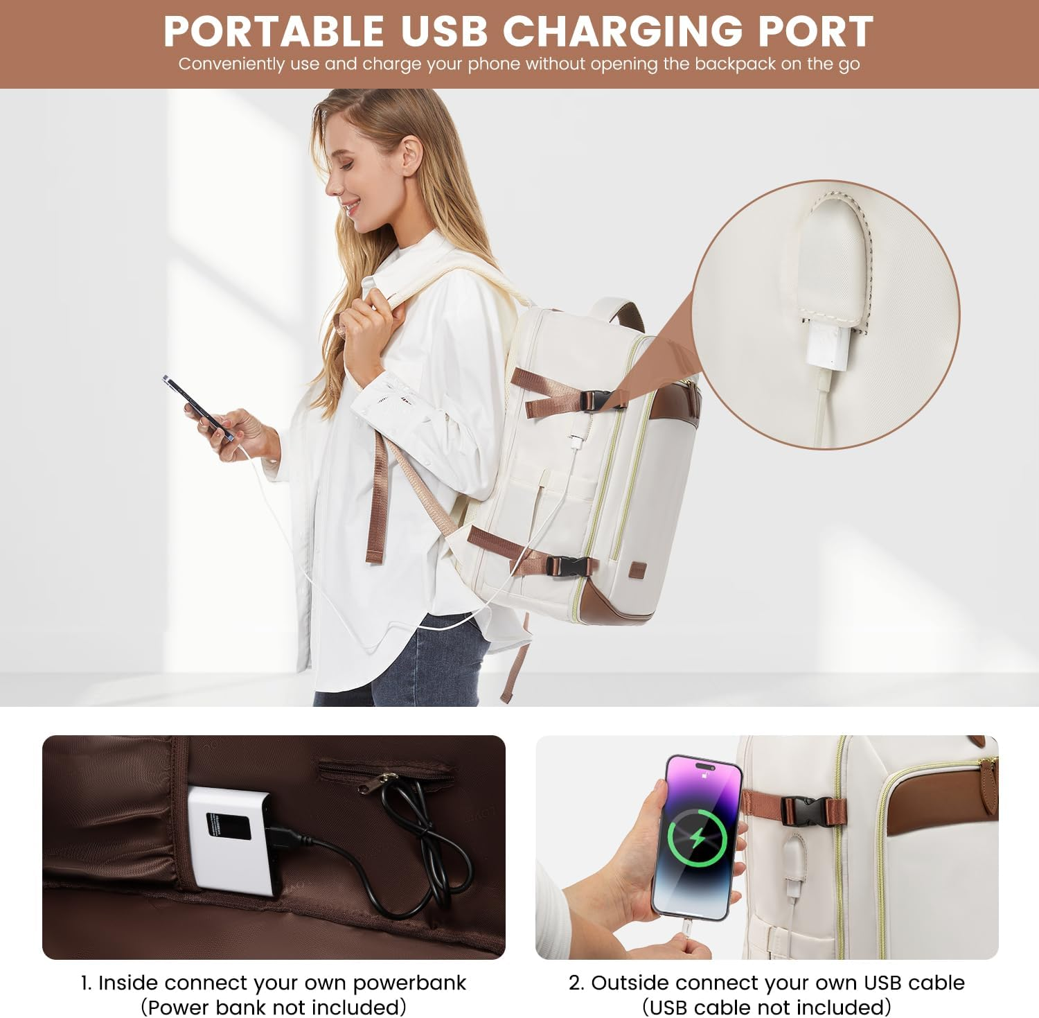 LOVEVOOK Travel Backpack for Women, 40L Carry on Backpack with 3 Packing Cubes,Tsa Personal Item Travel Bag Airline Approved, Water Resistant Weekender Overnight Luggage Daypack, Fits 17 Inch Laptop - Black-Beige-Brown image number 2