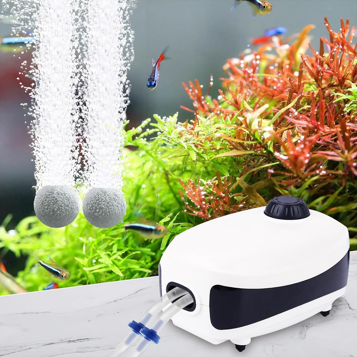 Fish Tank Air Pump Dual Outlet 4W Aquarium Electric Air Pump, 6L/Min Quiet Adjustable Oxgen Pump, Aquarium Air Bubbler with All Accessories for up to 40-650L Fish Tank image number 3