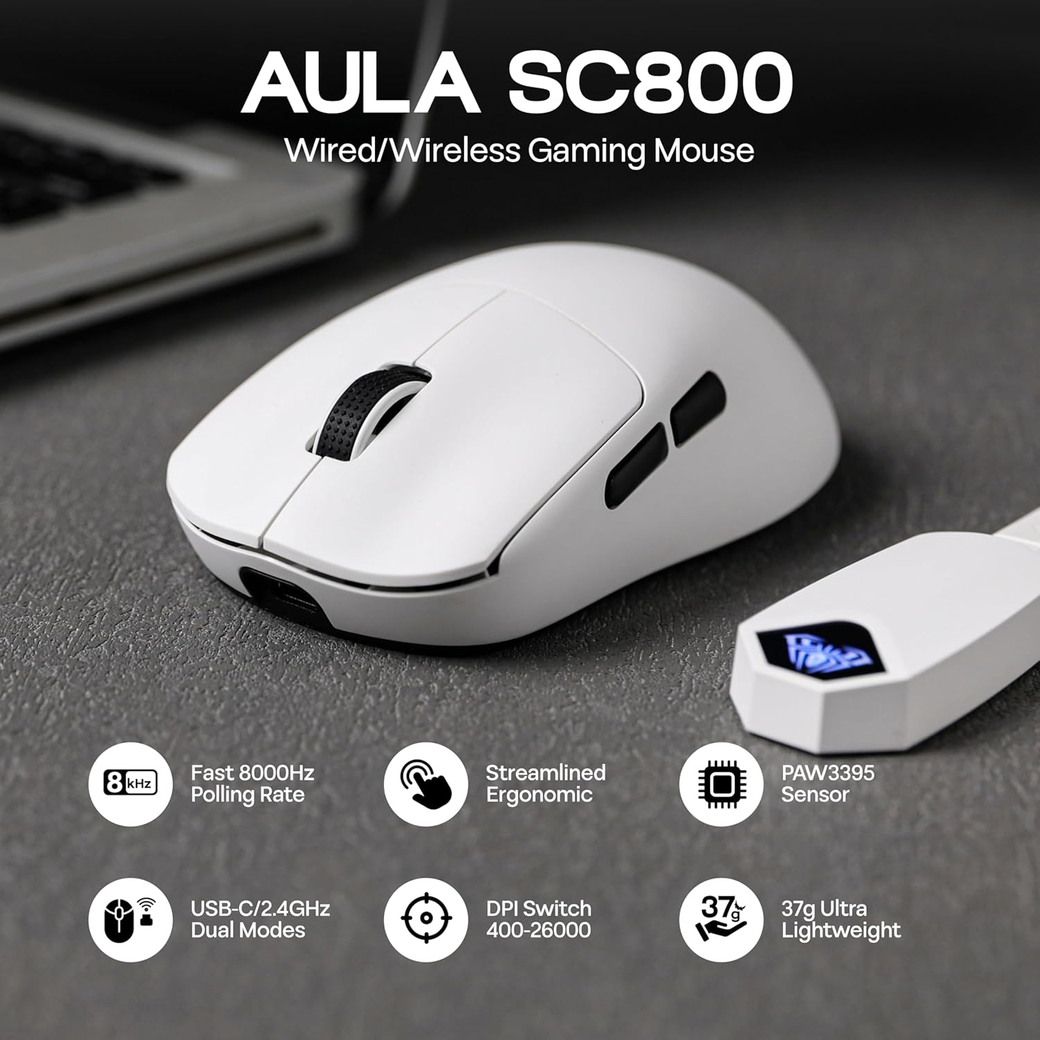 AULA SC800 Gaming Mouse with Adjustable 26,000 DPI, PAW3395 Sensor, 8000 Polling Rate, Dual-Mode Wireless Lightweight Mouse, Ultra-Precise & Durable for Gaming & Esports & Office Use (White) - Black image number 3