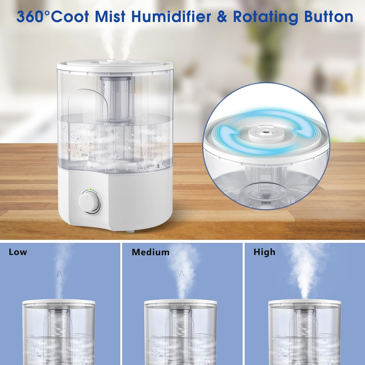 Air Humidifier for Whole House Room, 4L Ultrasonic Cool Mist Humidifier for Large Room, Adjustable 360&deg; Knob, Auto Shut-Off, Aroma Diffuser, Essential Oil Function, Lower Noise, Humidify for Any Room. image number 6
