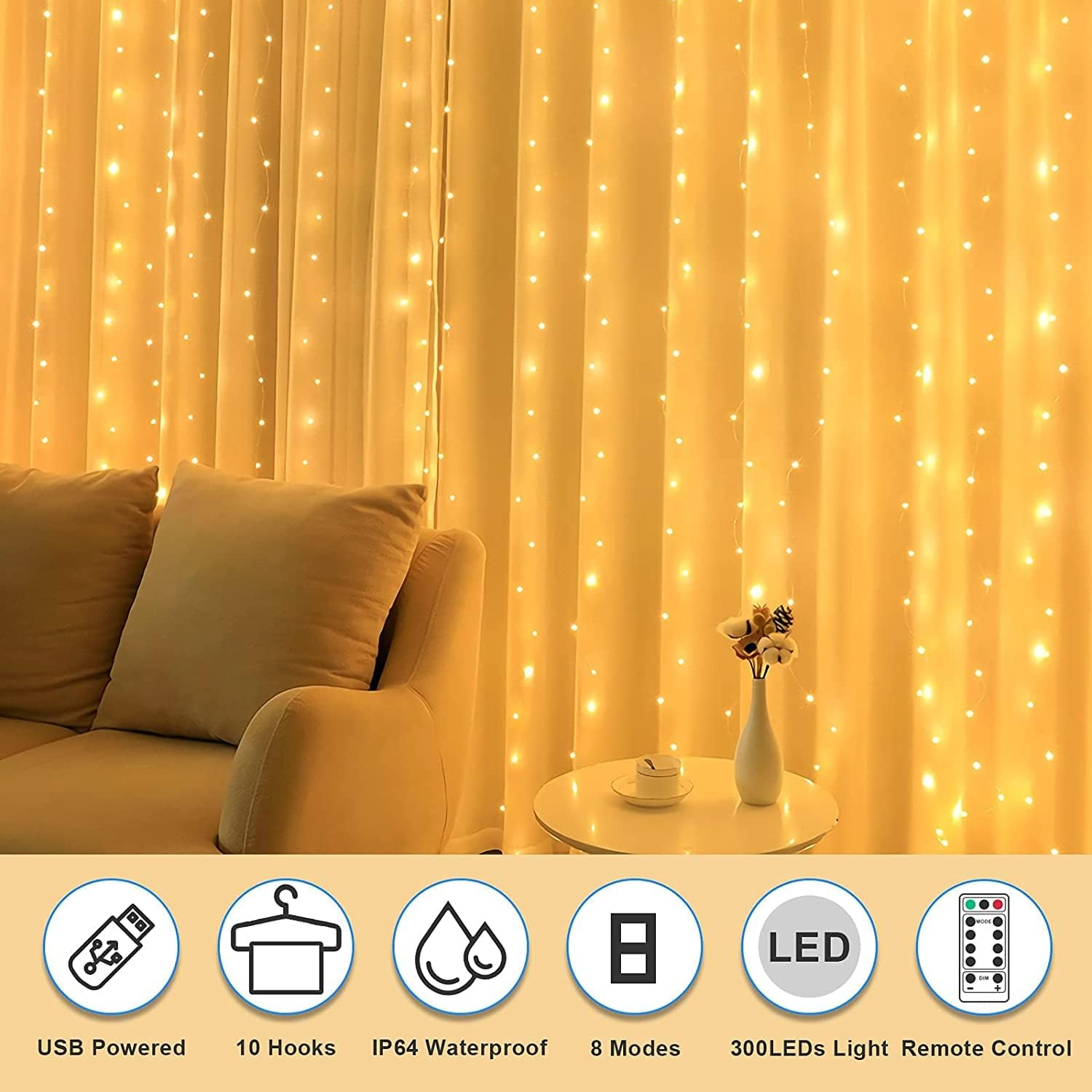 Fairy Curtain Lights 300 LED USB Window Curtain String Lights with Remote & Timer, 8 Modes Warm White Indoor Outdoor Wedding Party D&eacute;cor image number 6