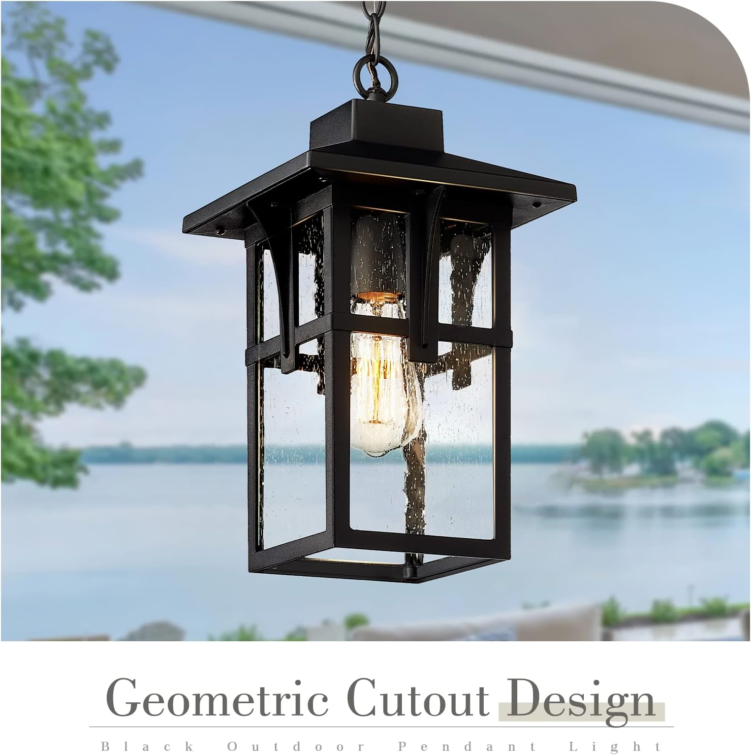 EMLIVIAR Exterior Ceiling Pendant Light for Hallway Porch, Modern Outdoor Hanging Light, Black Finish with Seeded Glass, AUX05H BK