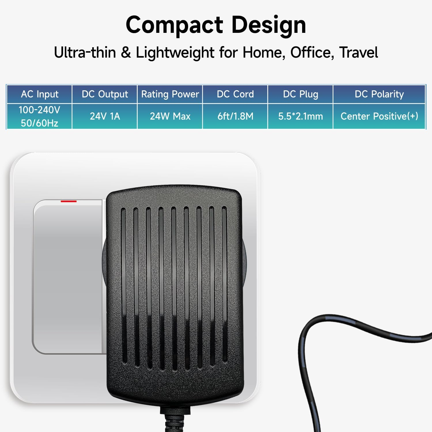 24V 1A 24W 1.8M Long Power Supply Adapter, AC DC Switching Adapter (Input 100-240V, Output 24Volt 1Amp 1000Ma), DC 24V 5.5X2.1Mm Wall Mount Transformer Charger Plug, SAA Certified - 24V1A+8Tips image number 6