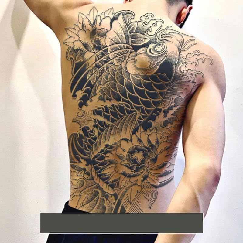 2 Pcs Herbal Temporary Tattoo Stickers Waterproof for Men and Women Long-Lasting Semi-Permanent Full Back Carp Koi Juice Simulation Tattoo image number 2
