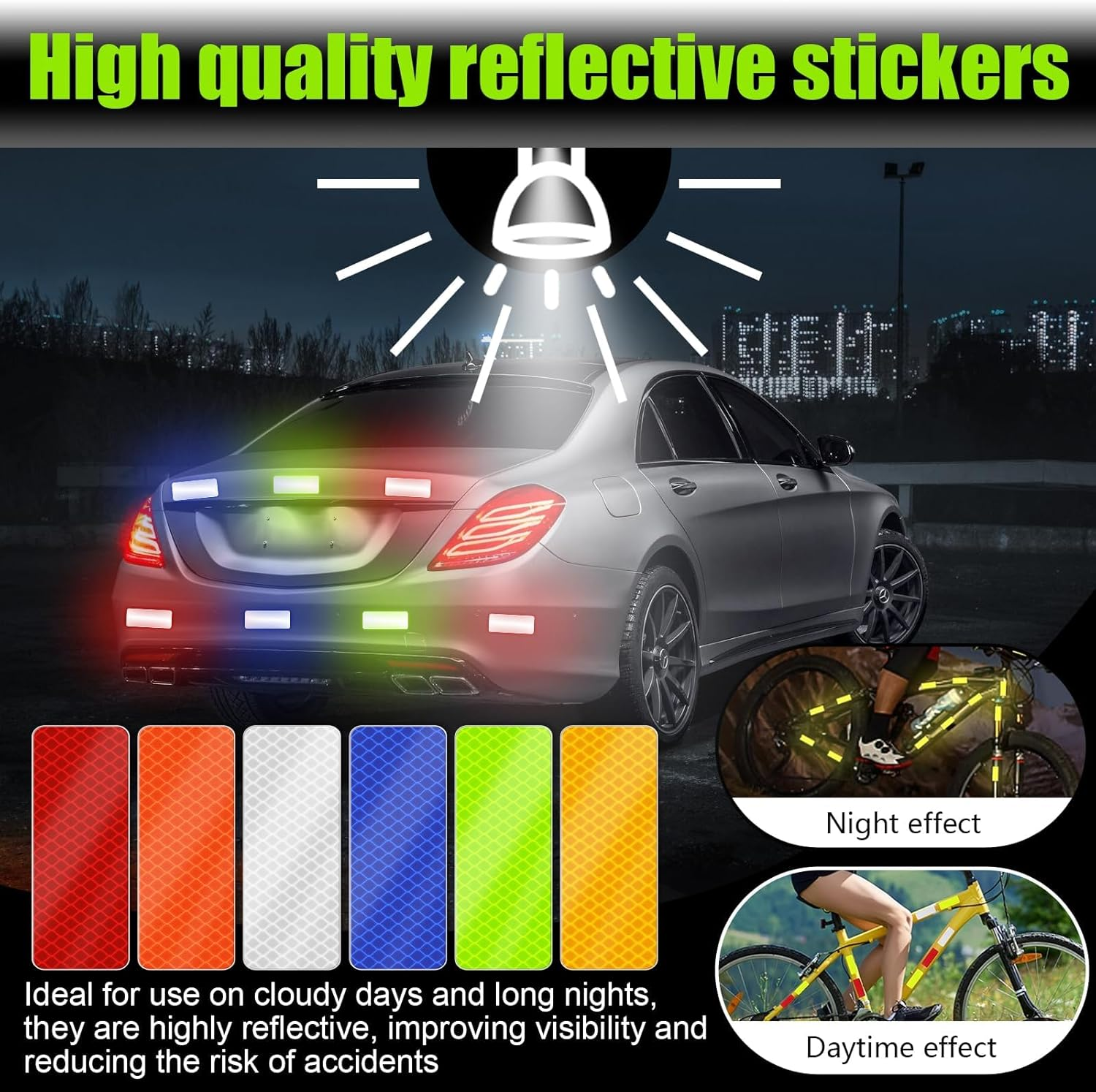 Reflective Stickers, 60 Pcs Night Warning Stickers, Outdoor Reflective Stickers for Vehicles, Cars, Motorcycles, Bicycles (6 Colors)