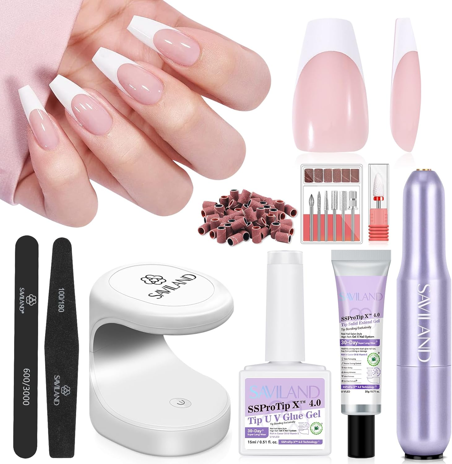 SAVILAND Press on Nails: Everlasting Gels Nail Kit Pink Medium Coffin Nail Tips 256 Pcs Full Cover Soft Gel Fake Nails with Solid Nail Glue Gel U V Lamp Nail Drill French Tip Tool Home DIY