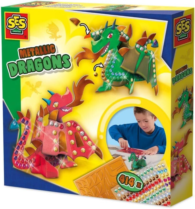 SES Creative 14296 Metallic Dragons - Creative Craft Kit for Kids Aged 5+ - Build Two Colorful Dragons with Paper Construction Parts image number 1