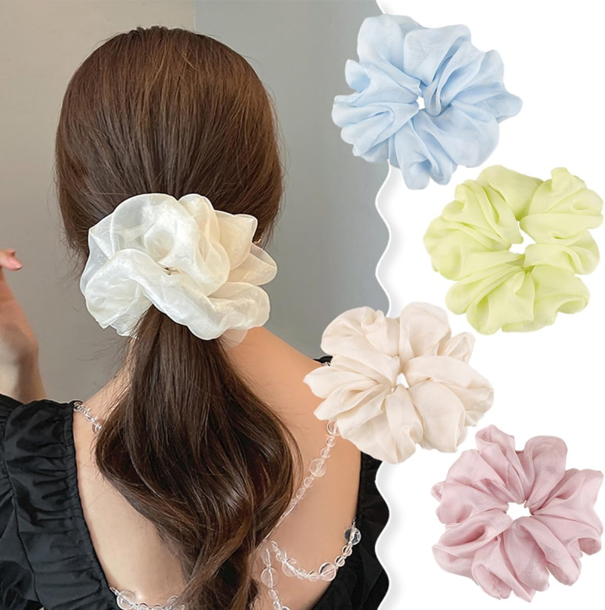 Pack of 3 Hair Bobbles Hair Accessories Chiffon Organza Hair Rings Hair Scrunchie Large Hold Elastic Hair Wiggle for Girls and Women, Fruit Green