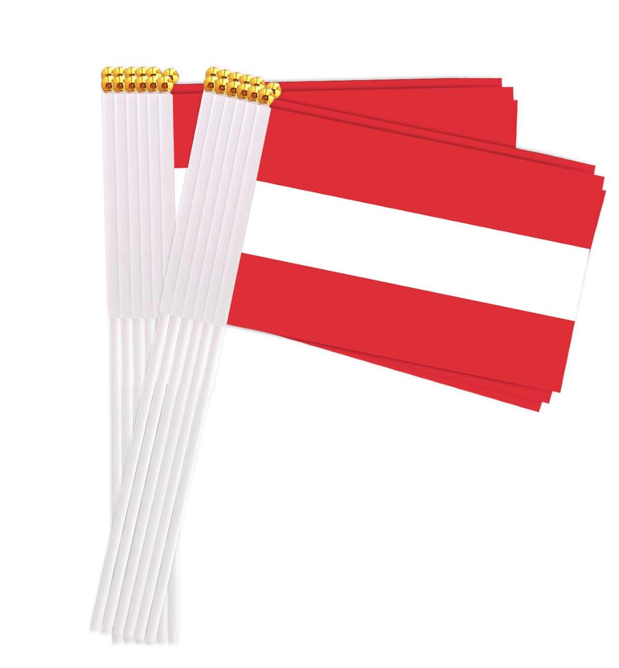 25 Packs Small Austria Flags on Handheld Stick，Miniature Austrian Flag for Outside,4X6 Inch Mini Hand Held Banner with Golden Topper,Patriotic Decorations image number 1