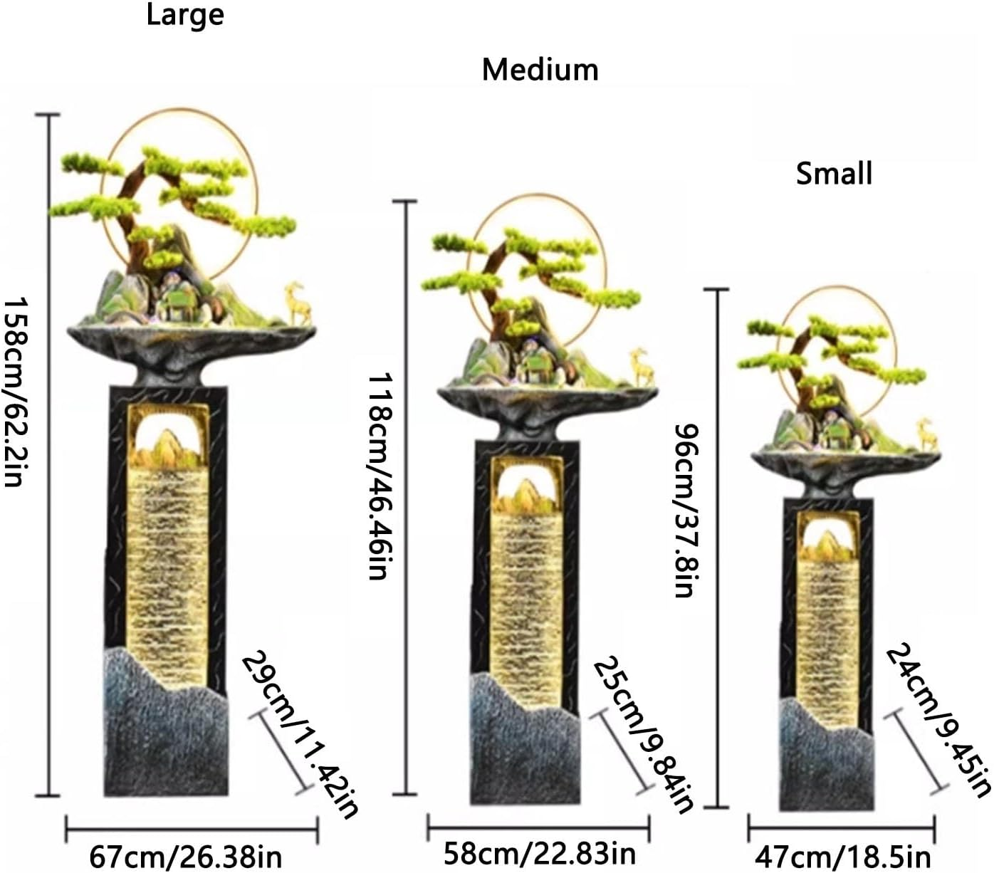 Outdoor Fountain Outdoor Water Fountains, Garden Fountain with LED Light and Simulated Pine Tree, for Courtyard, Park, Indoor and Home Decor(Medium)