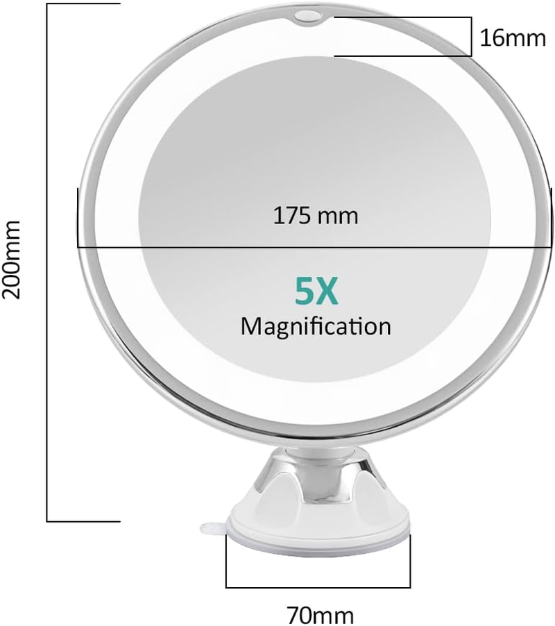 EMKE 5X Magnifying Shaving Mirror with Light, LED Travel Makeup Mirror with Locking Suction Mount | 360&deg; Swivel | Cool Light | Battery, Portable Illuminated for Bathroom, 175Mm (UCM03BTMX1W)