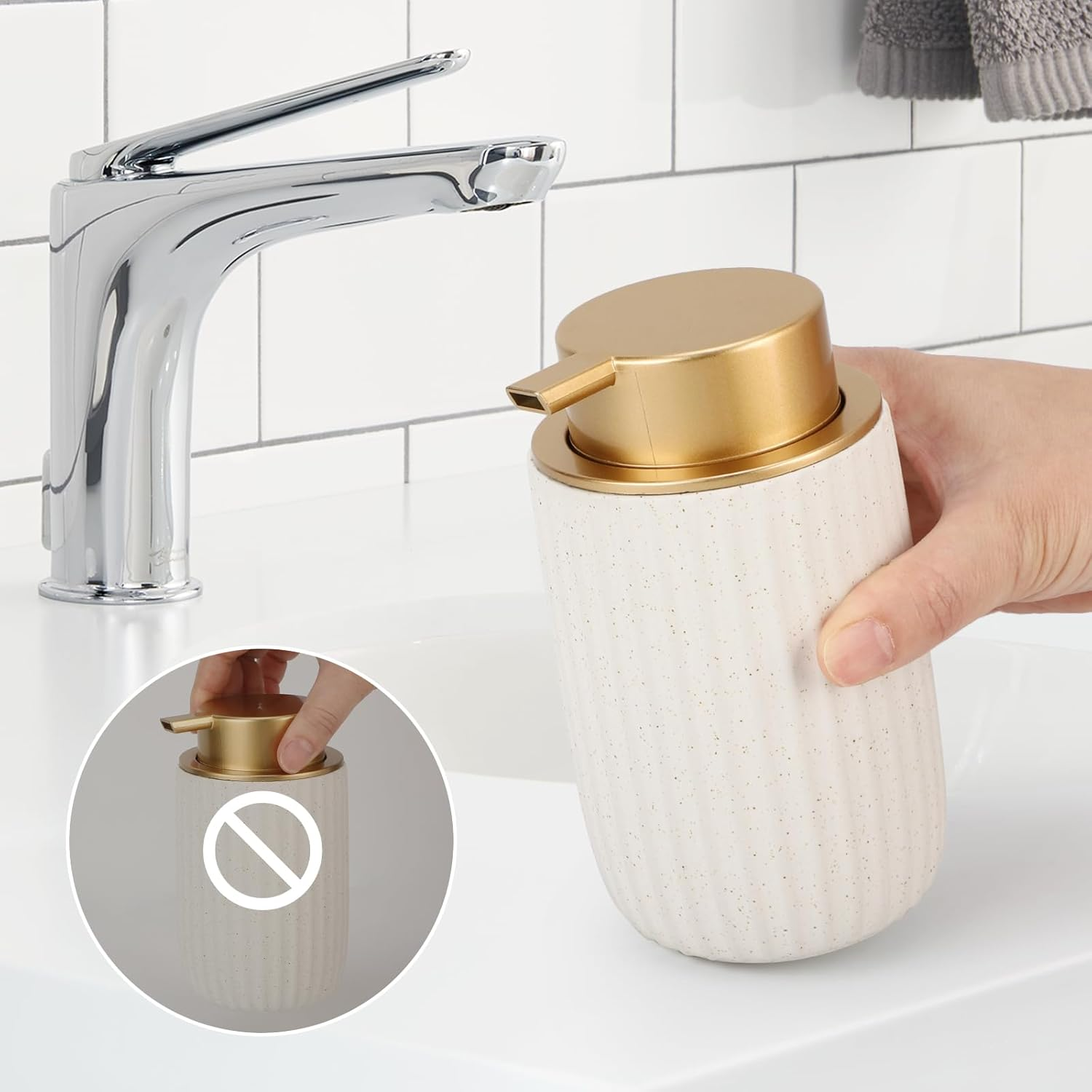 Segbeauty Foaming Soap Dispenser, 320Ml Hand Soap Dispenser Ceramic, Refillable Pump Bottle Dispenser, Foaming Hand Wash Dispenser with Gold Plastic Pump, for Kitchen Decor (White) image number 4