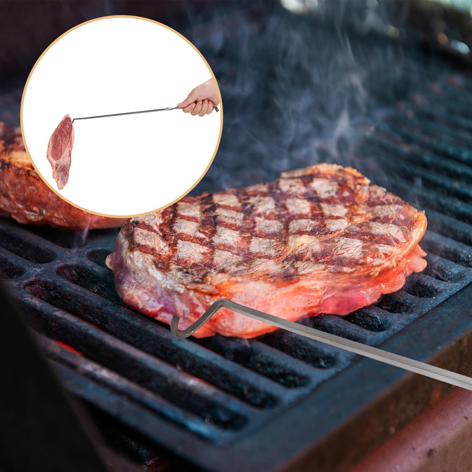 Meat Hook Flipper, Meat Flipper Hook with Rubber Tip Protective Cover Stainless Steel Meat Hooks for Grilling Meat Flippers Meat Turner Hook for Grilling Smoking Griddle image number 4