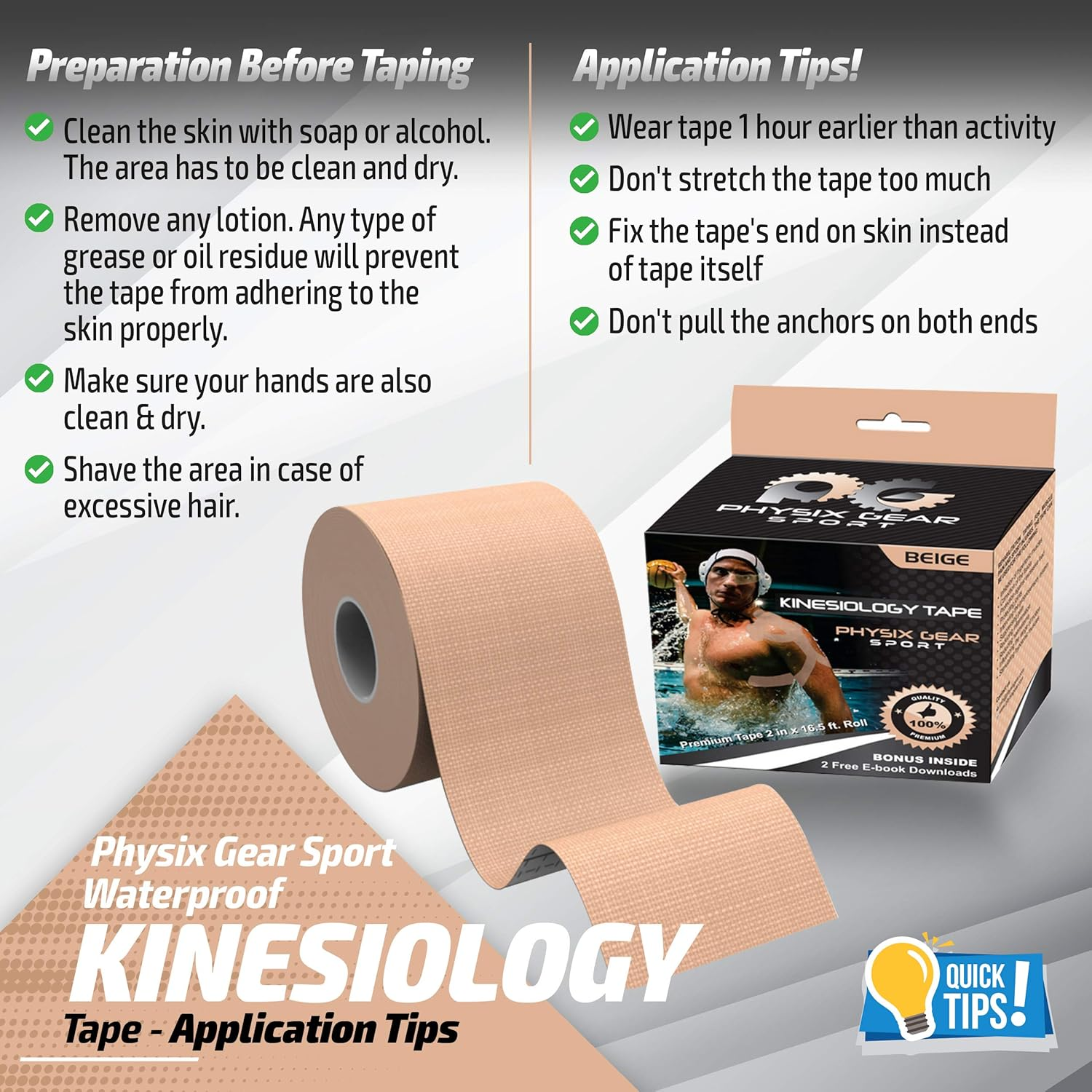 Physix Gear Sport Kinesiology Tape with Illustrated E-Guide - 16Ft Uncut Roll - Best Relief Adhesive for Muscles, Shin Splints, Knee & Shoulder Aches - 24/7 Waterproof Therapeutic Aid image number 4