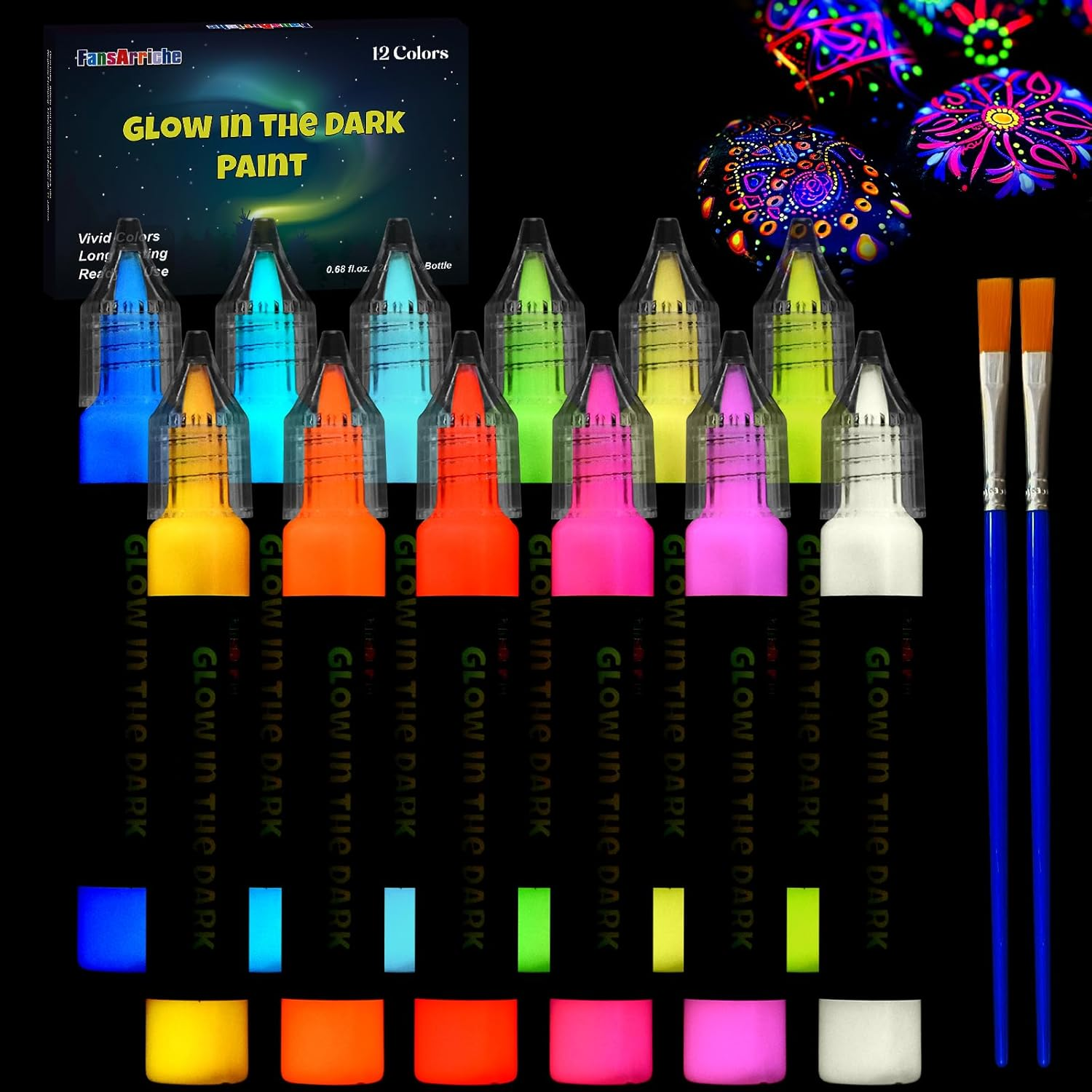 Fansarriche Glow in the Dark Paint, 12 Colors X 20 Ml 3D Waterproof Acrylic Paint, Glow in the Dark Paint, Neon Fabric Paint for Clothes, Canvas, Glasses