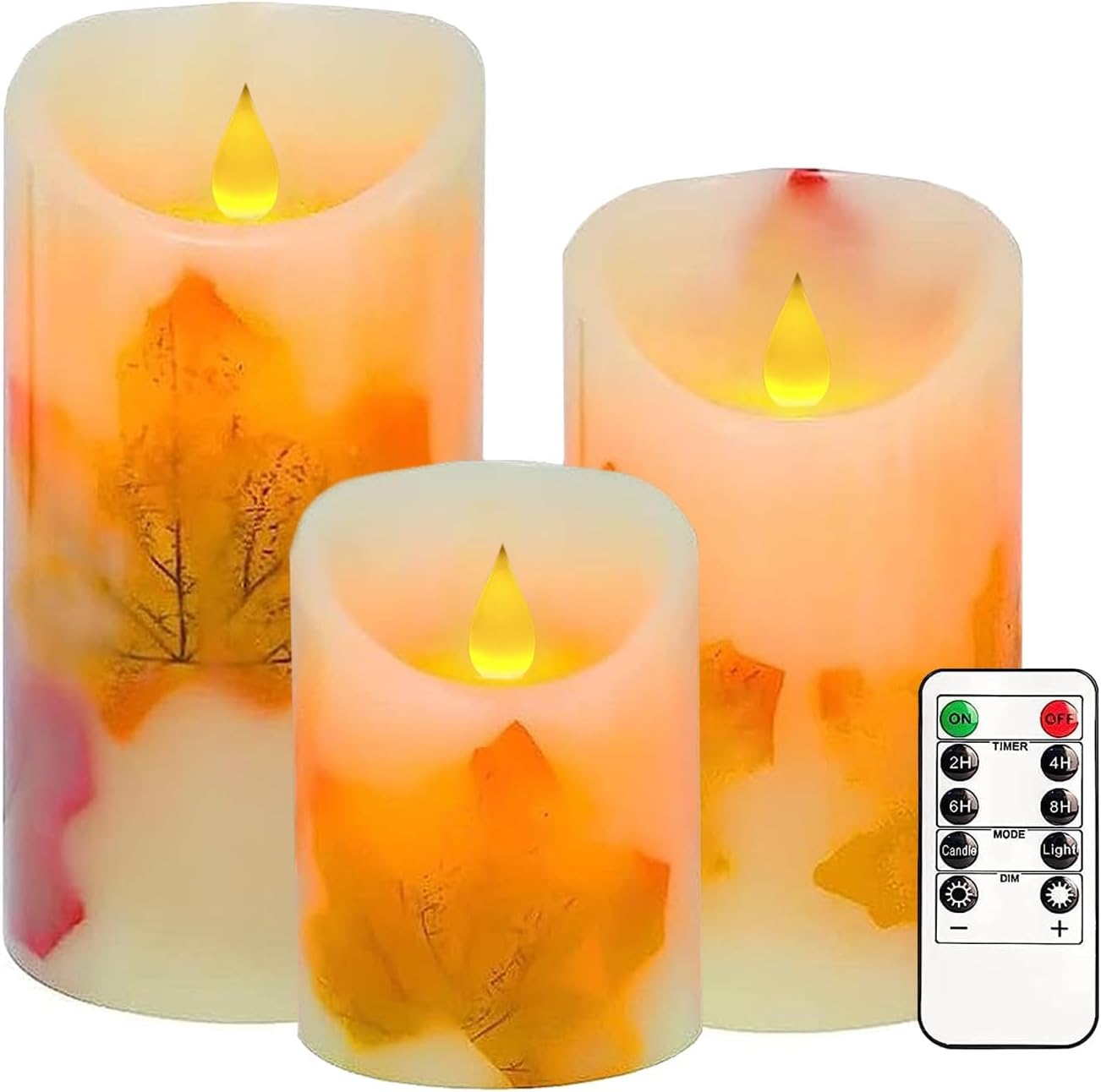 Flameless Candles Lights, Set of 3 Orange Flickering LED Candles with Remote & Timer, Dimmable LED Pillar Candles Battery Operated, Electric Candles for Fall Halloween Thanksgiving Decor (Green)
