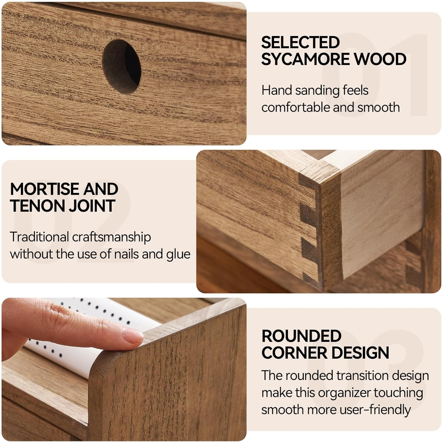 KIRIGEN Desk Organizer with 3 Drawers - Wood Drawer Storage Box with Trays for Tabletop - Workspace Office Toiletries Supplies Tool Caddy - Wooden Storage Cabinet1 Layer Dark Brown（Dt1D3C-Dbr） image number 6