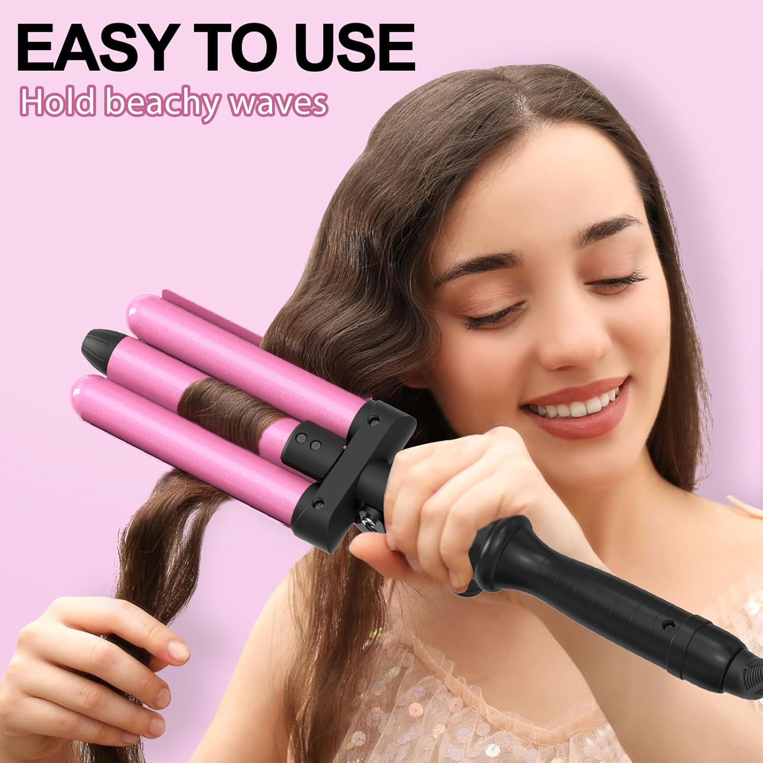 DAN Technology 1 Inch Ceramic 3 Barrel Curling Iron Wand Hair Waver (Pink) image number 3
