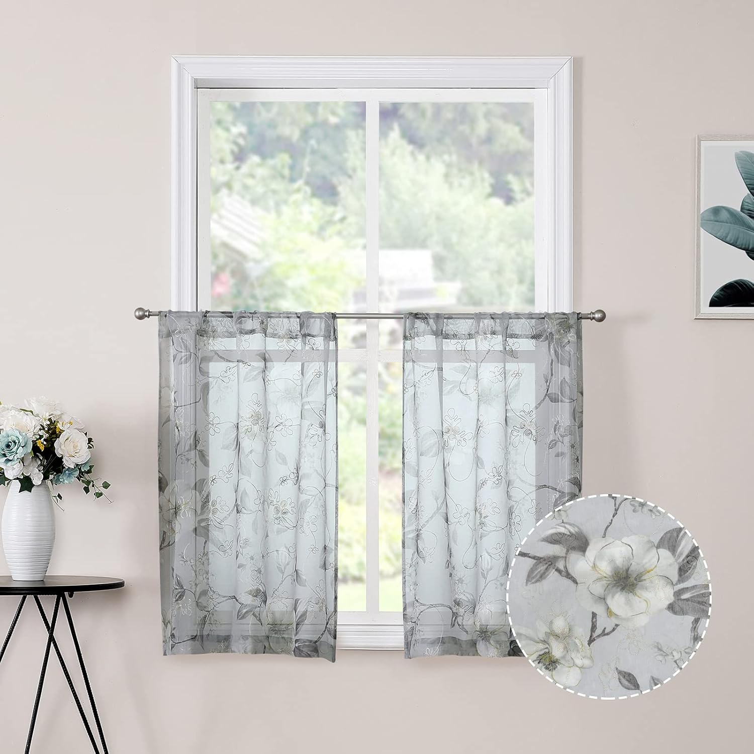 Tollpiz Sheer Curtain Pink Flower Leaf Printed Floral Embroidered Bedroom Curtains Sheer Rod Pocket Voile Faux Linen Short Window Curtain for Living Room, 54 X 45 Inches Long, Set of 2 Panels