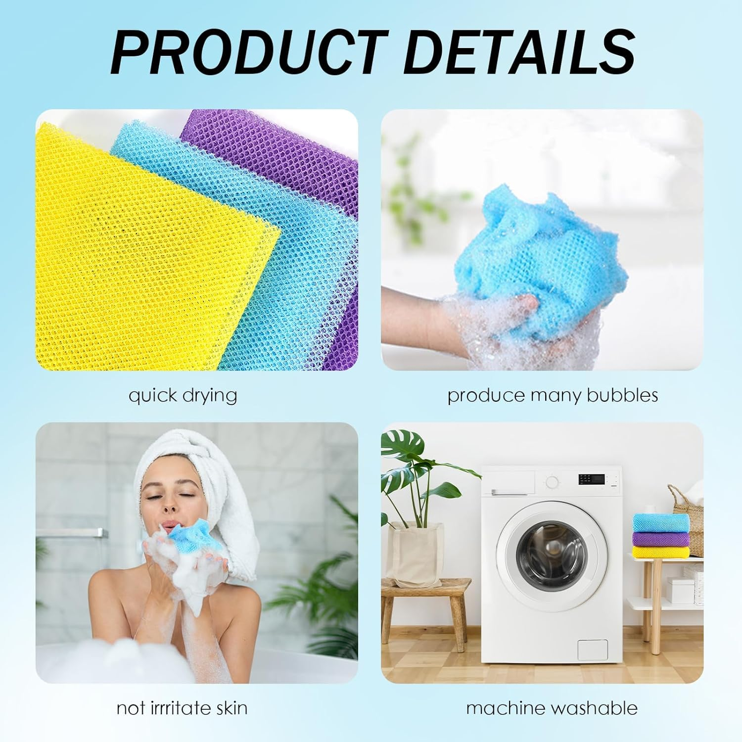 3 Pieces African Net Bath Sponge African Exfoliating African Scrubbing Long Net Rag African Wash Net Shower Body Scrubber, Yellow Pink Purple image number 1