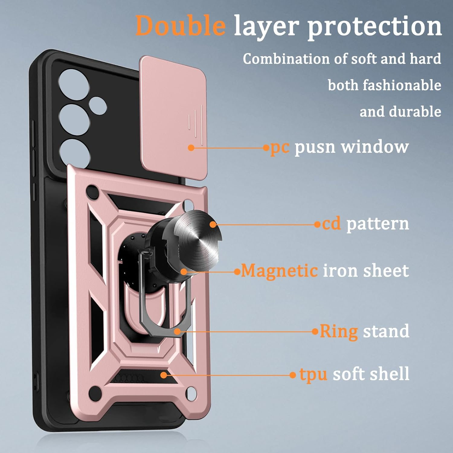 Case for Samsung S26, Camera Protection with Slide Camera, Armour Protective Case with 360 Degree Ring, Metal Holder Magnetic Stand, Silicone Shockproof Mobile Phone Case, Rose Gold image number 3