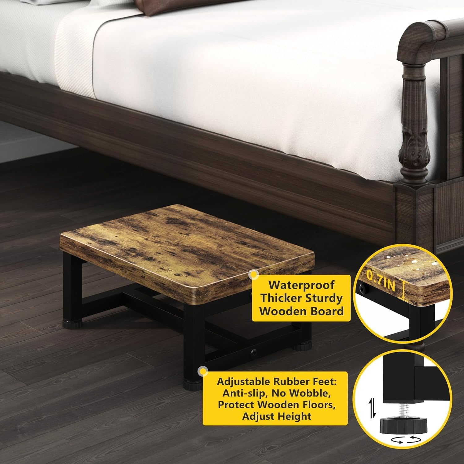 Wooden Foot One Step Stool Adult Elderly Senior Kid Toddler High Bedside Kitchen Bathroom Dorm Small Portable Chair Outdoor Modern Wide Bench Little Toilet Bathtub Metal Stair Helper Heavy Duty 6 Inch - Brown image number 1