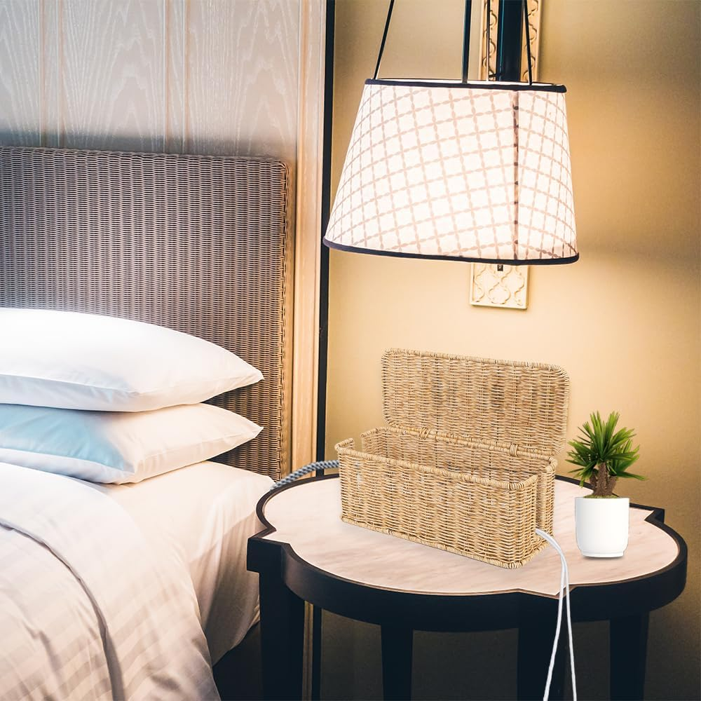 Cable Management Box, Handmade Rattan Cable Organizer, 2 Open Slots Cords Hider Box, under Desk Cord Organizer for Computer Router USB Hub & Power Strip, Patent Pending, 13" X 5.1" X 5.1", Natural image number 3