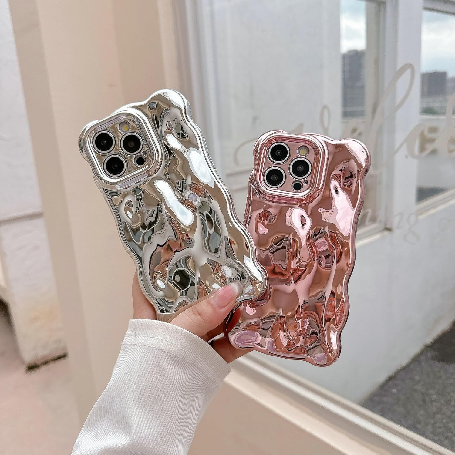 JANDM Case for Iphone 13 Pro Max,3D Wave Bubble Shape Ripple Chrome Pattern Soft Non-Yellowing Bumper Case Glitter Shiny Camera Shockproof Women Girls Cover Case for Iphone 13 Pro Max -Silver image number 3