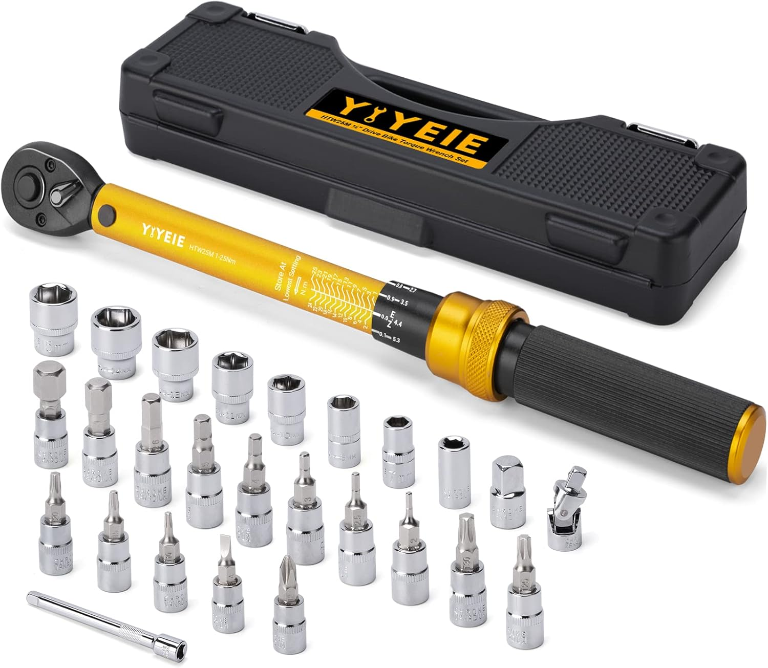 YIYEIE 1/4 Inch Drive Bike Torque Wrench, 1-25 Nm (10-222.5 In.Lb), 27 PCS Click Bicycle Torque Wrench with Bit Sockets, 0.1 Nm Micro, 72-Tooth Ratchet, 3/8 Adapter, for MTB, E-Bike, Motorcycle image number 2