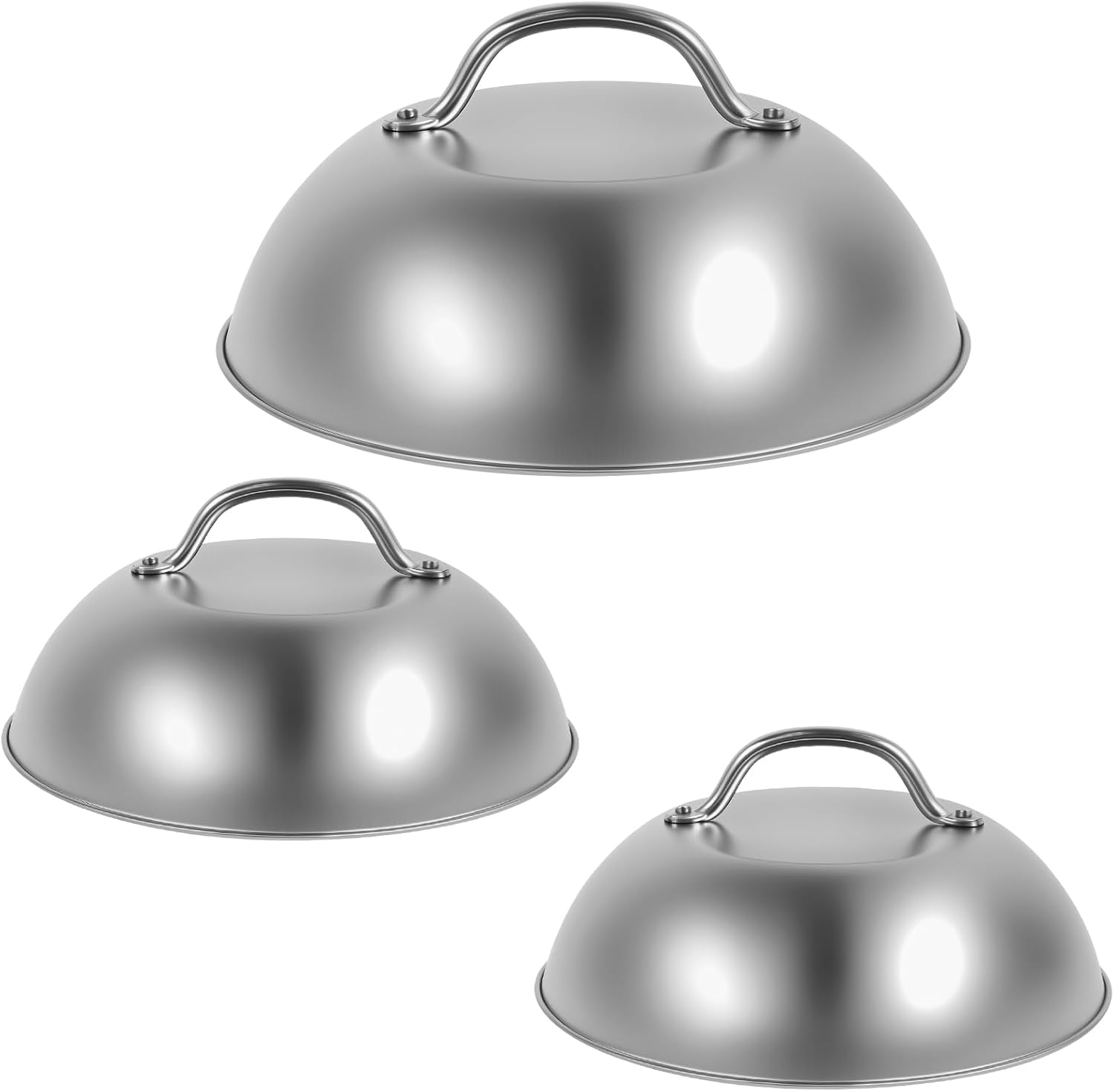 Burger Cloche Covers Kit to Melt Cheese Easy to Clean Solid Stainless Steel Steaming Domes Set Non Slip round Basting Cover Grilling Melting Domes Set for Party Use image number 6