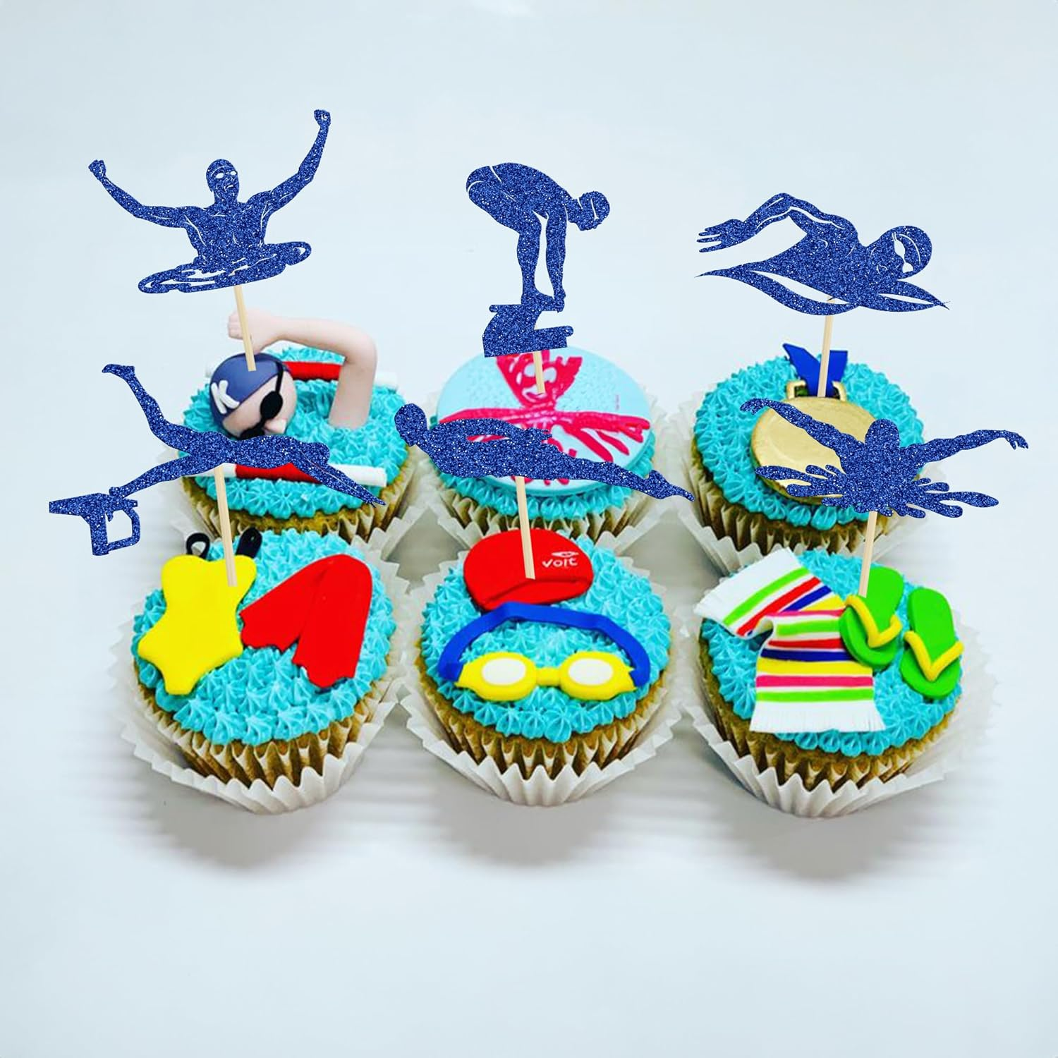Ephlyn 24Pcsswim Cupcake Toppers Summer Swimming Cupcake Toppers Picks Black Swimming Cake Topper for Swim Party Birthday Baby Shower Kids Birthday Party Cake Decorations Supplies Blue image number 5