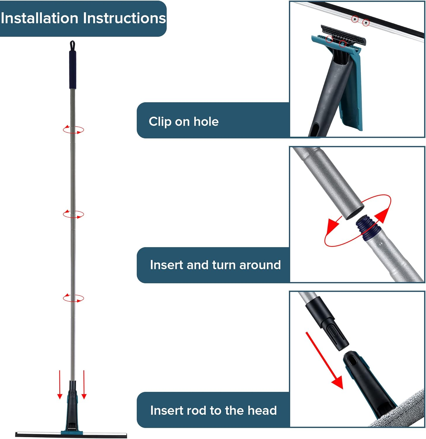 JEHONN Window Shower Squeegee for Glass Door with 152 Cm Long Handle, Professional Floor Squeegee Mop for Cleaning Garage Tile Concrete Mirror Windshield Bathroom Car Home