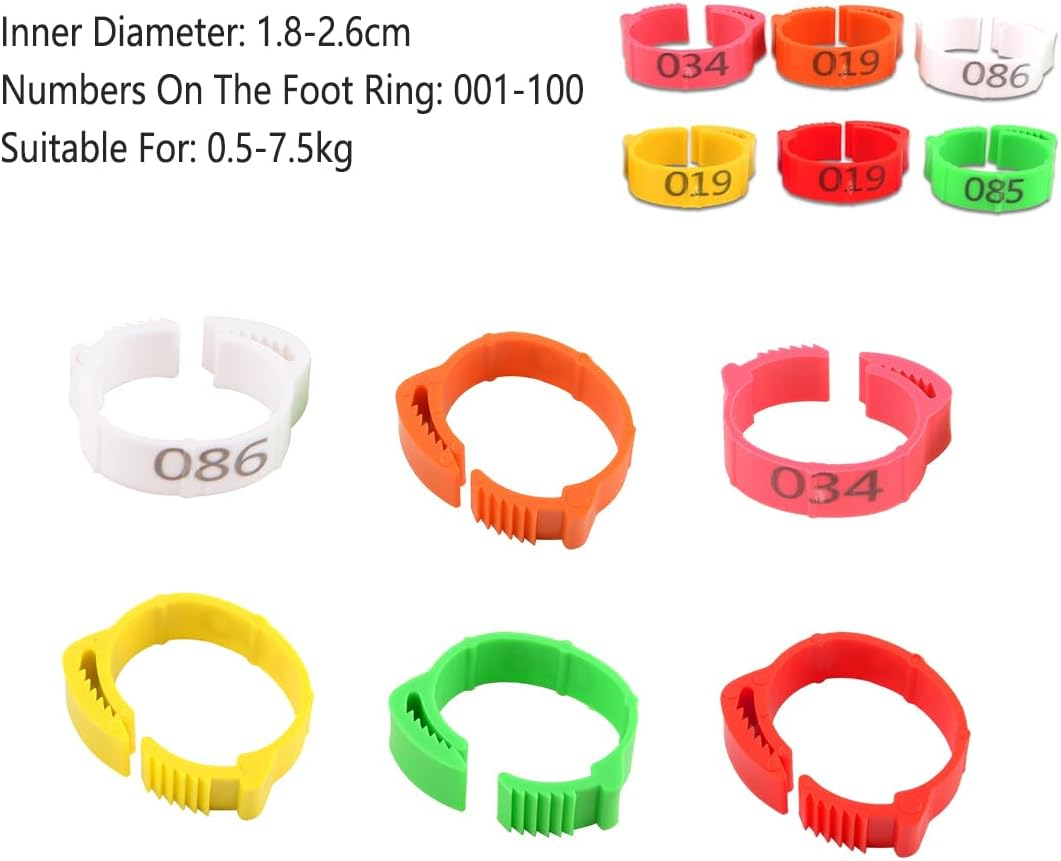 AIMALL 100Pcs Adjustable Numbered Poultry Leg Rings 001&ndash;100 Snap Lock ID Bands 0.71&ndash;1.02In for Chicken Duck Goose Pigeon Lightweight Plastic Bird Tags - Red image number 2
