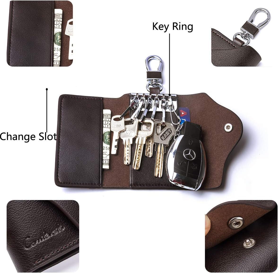 Contacts Car Key Case for Men and Women Small Leather Key Holder Key Cover with 6 Keychains