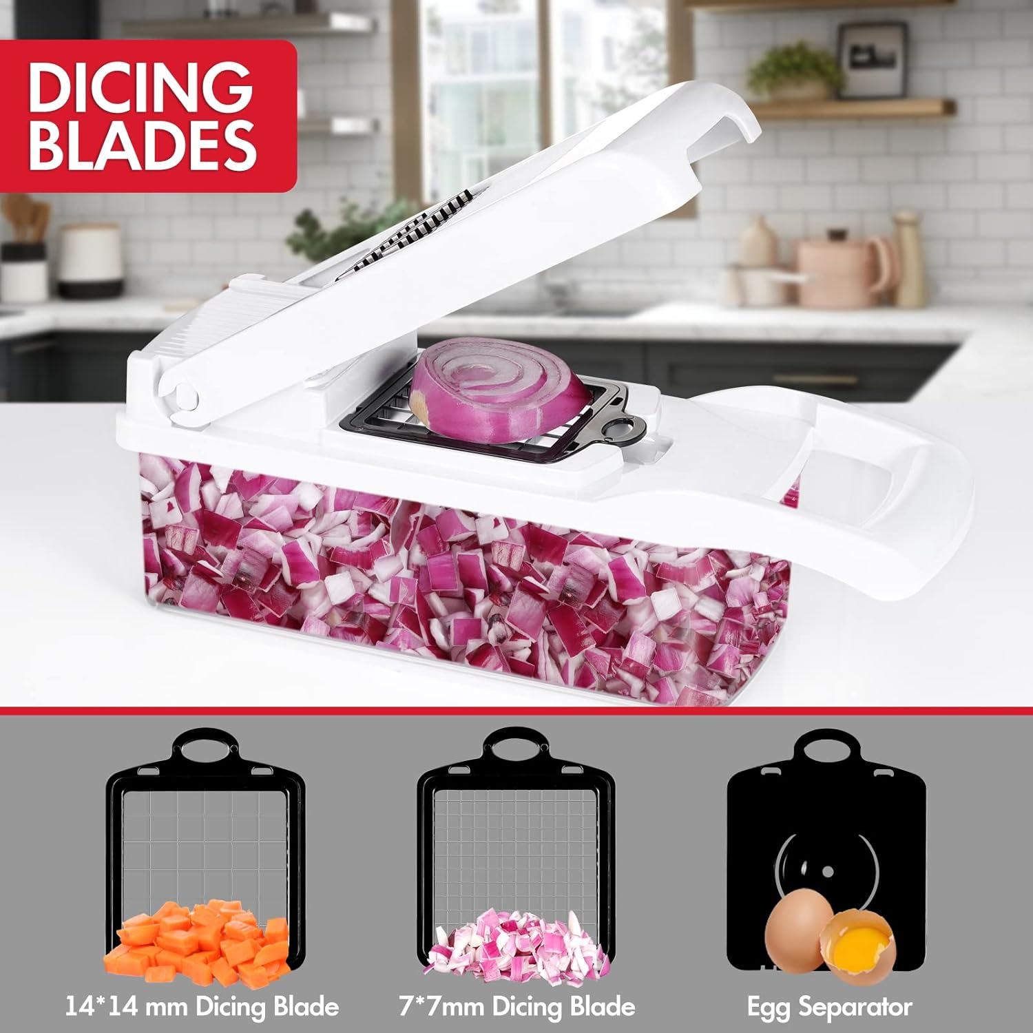 Ourokhome Vegetable Chopper Onion Cutter, 14 in 1 Professional Mandoline Slicer for Kitchen, Multifunctional Food Chopper for Potato, Tomato, Veggie with Strainer Basket, 10 Blades, Black