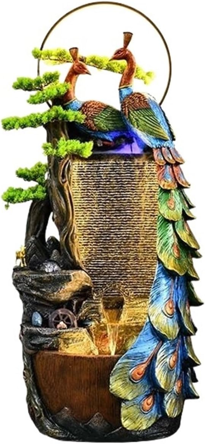 Outdoor Fountain Peacock Entrance Ornament, Large Fountain for Living Room, Resin Indoor with LED Lights, Suitable For, Balcony, Courtyard(63 * 46 * 157Cm) image number 1