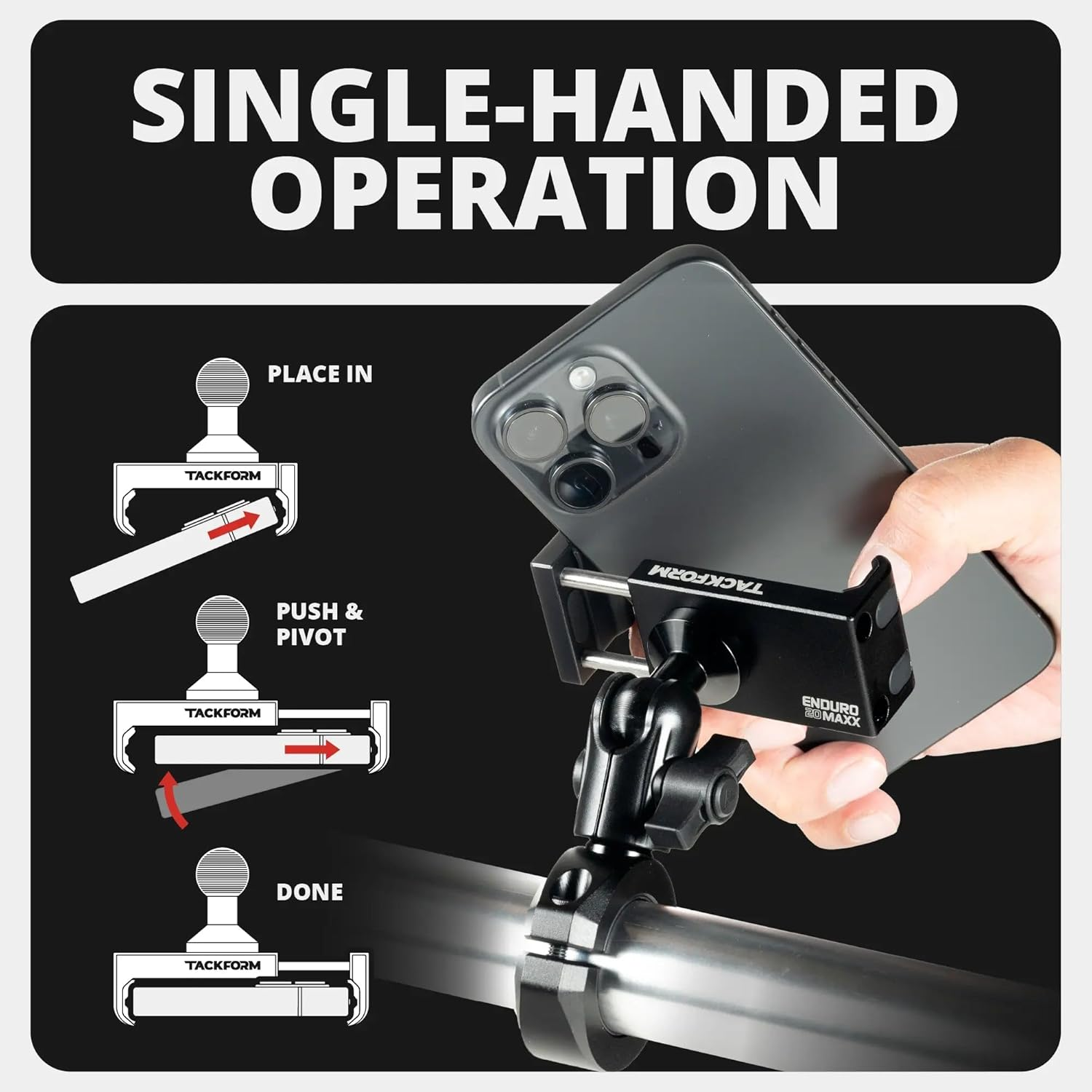 Tackform Black Motorcycle ALL METAL Phone Mount - 20MAXX Spring Cradle | BC3 Universal Clamp Fits 7/8" to 1-1/4" Handlebars | Aluminum | Compatible with Iphones, Galaxy Devices, More | Short Reach Arm image number 4