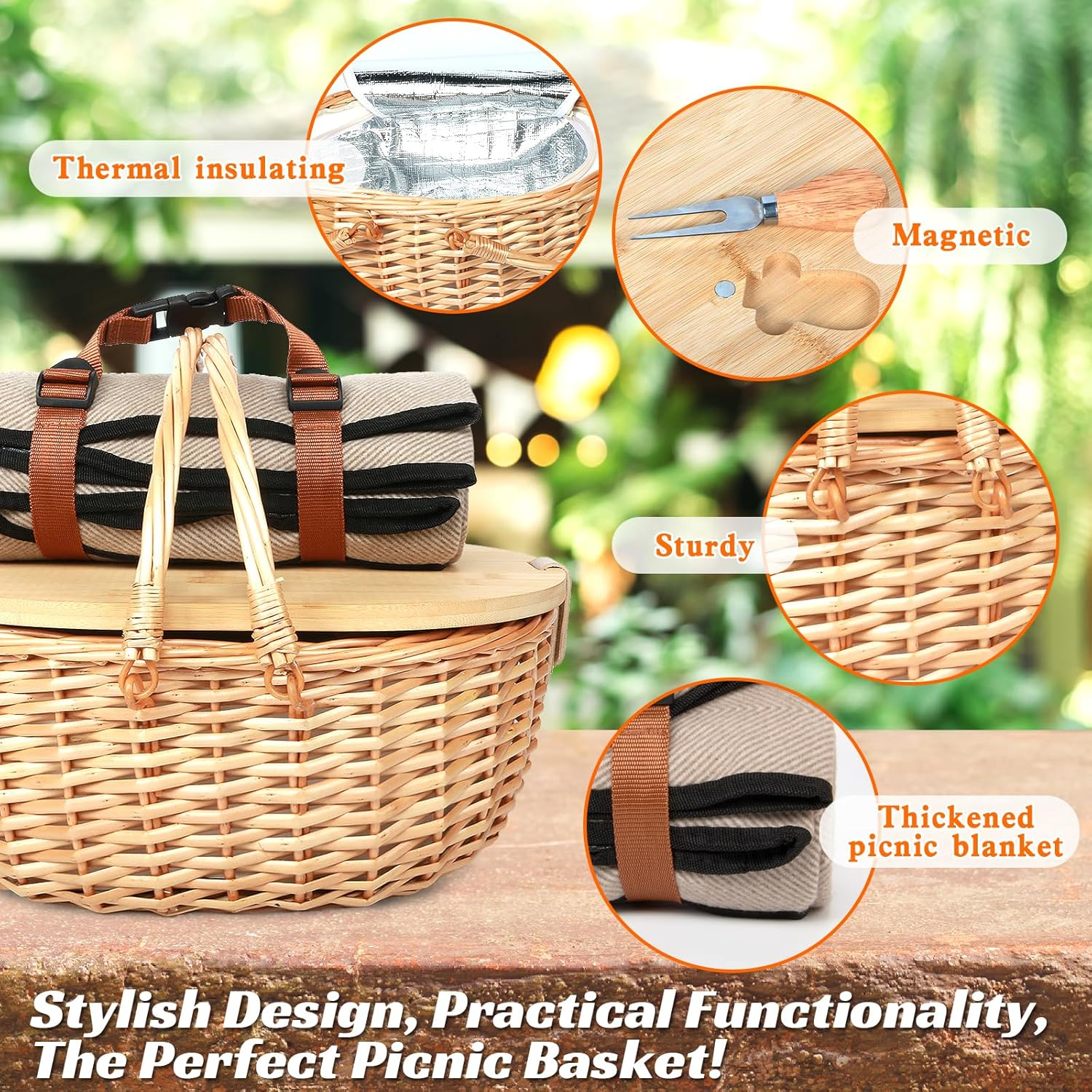 Hap Tim Dual Wicker Picnic Basket Set with Blanket for 2 - Unique Gifts Ideas for Couple, Engagement, Wedding, Bridal Shower, Family, Christmas - White Elephant Gifts for Adults（Au2408A-2） image number 3